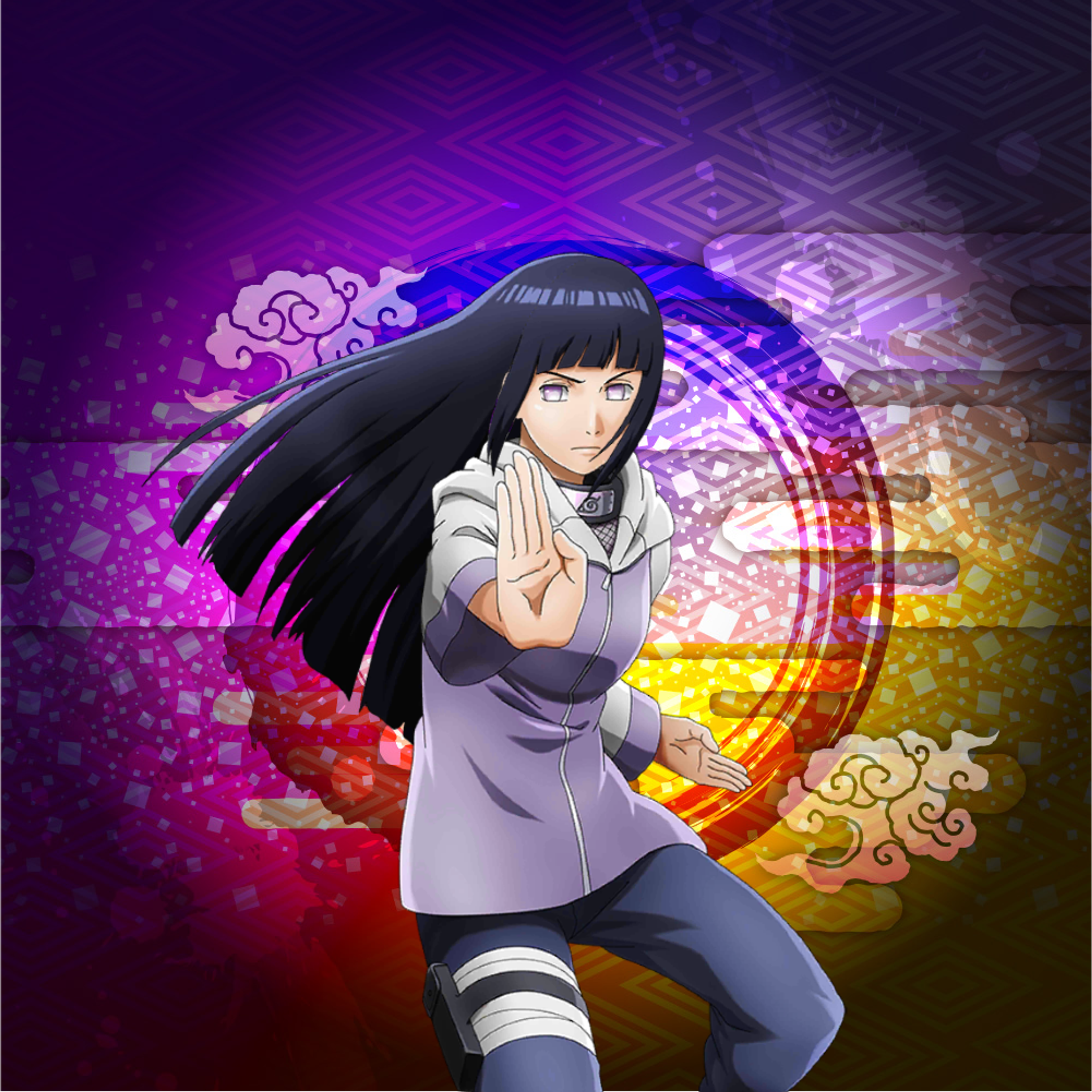 An anime-style character with long dark hair and lavender eyes in a fighting stance against a colorful abstract background.