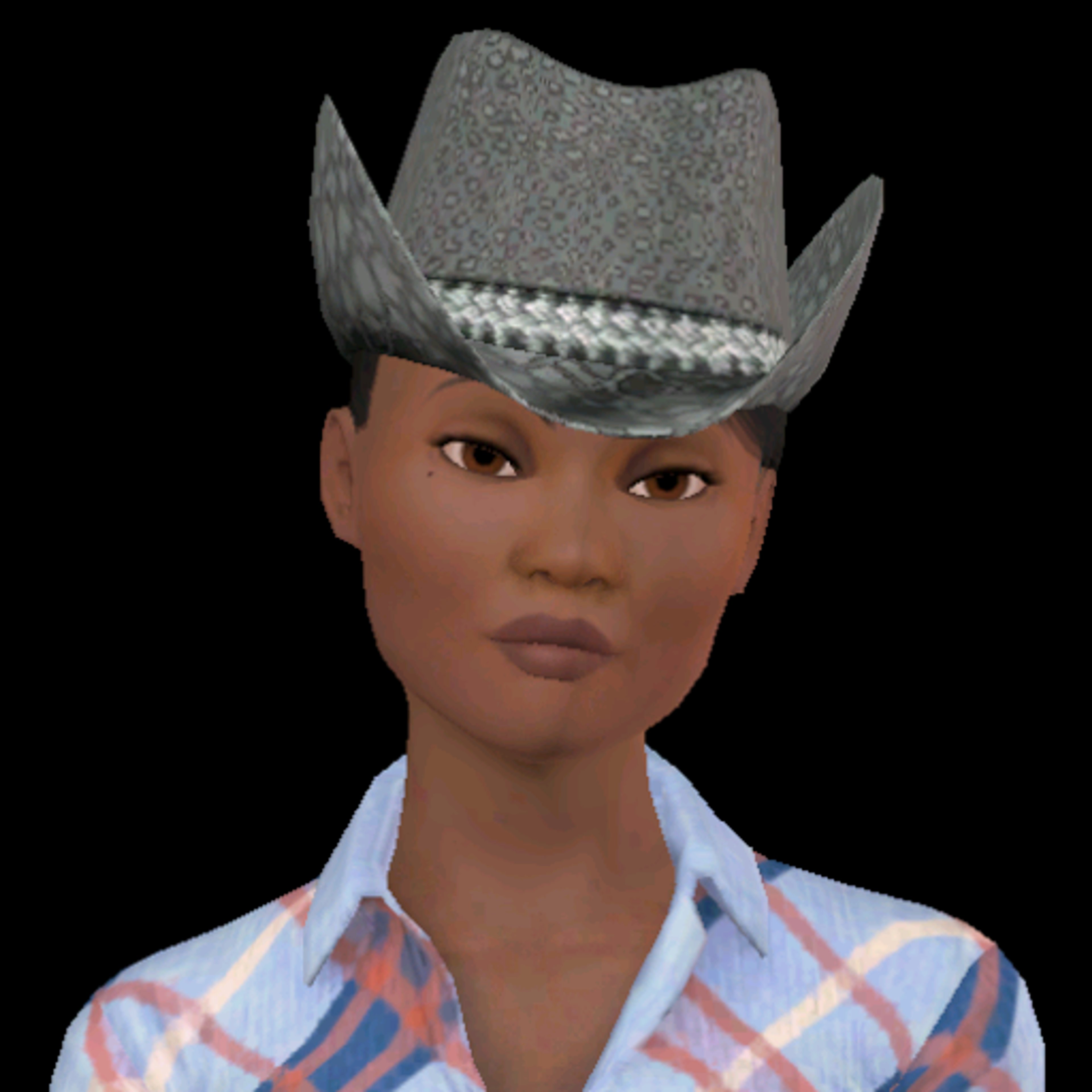 A young woman with curly hair wearing a plaid shirt and cowboy hat