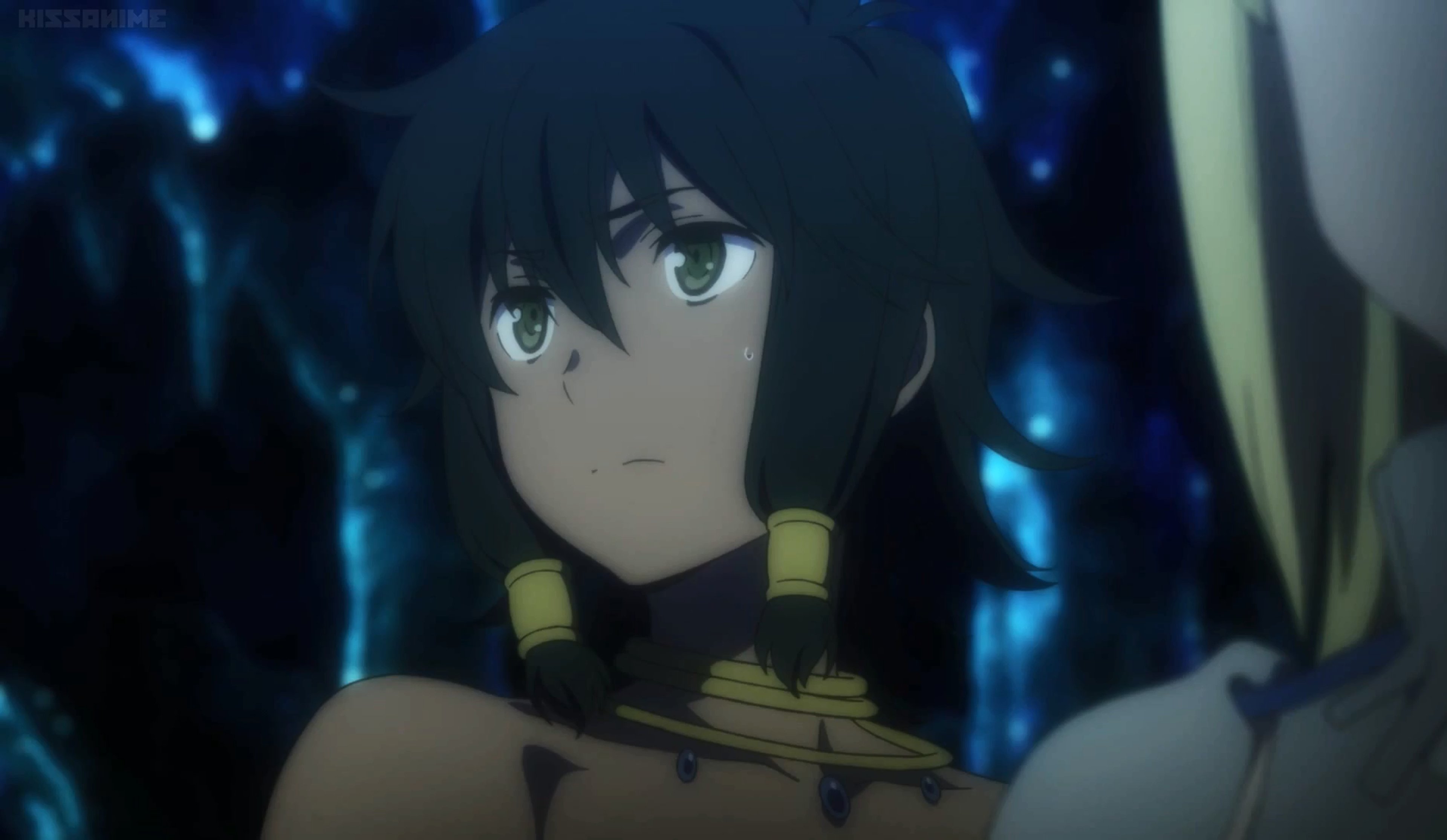 An anime-style character with long dark hair, wearing a yellow top that exposes her midriff and shoulders, in a fighting stance.