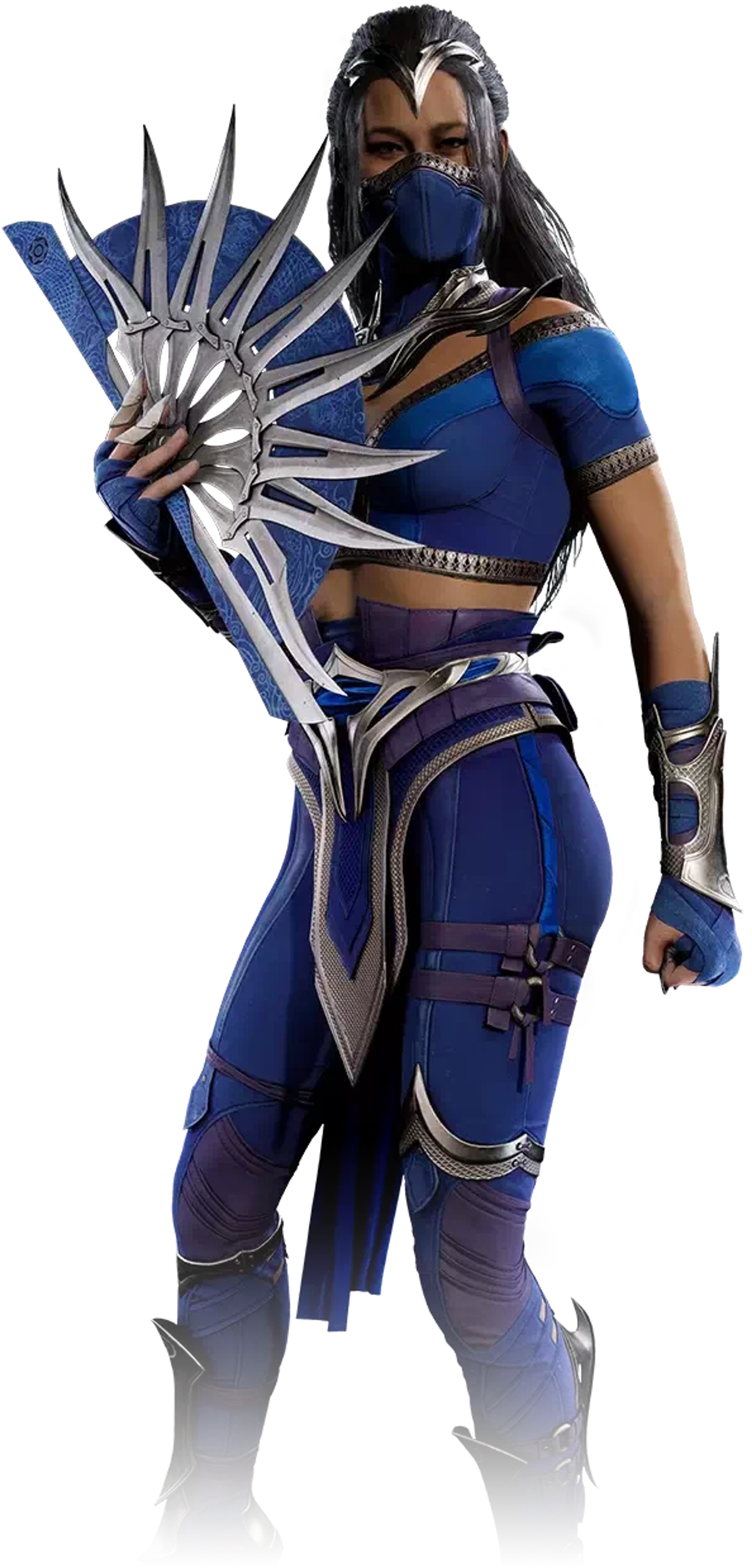 A female warrior character in a blue and black costume holding a spiked fan-like weapon