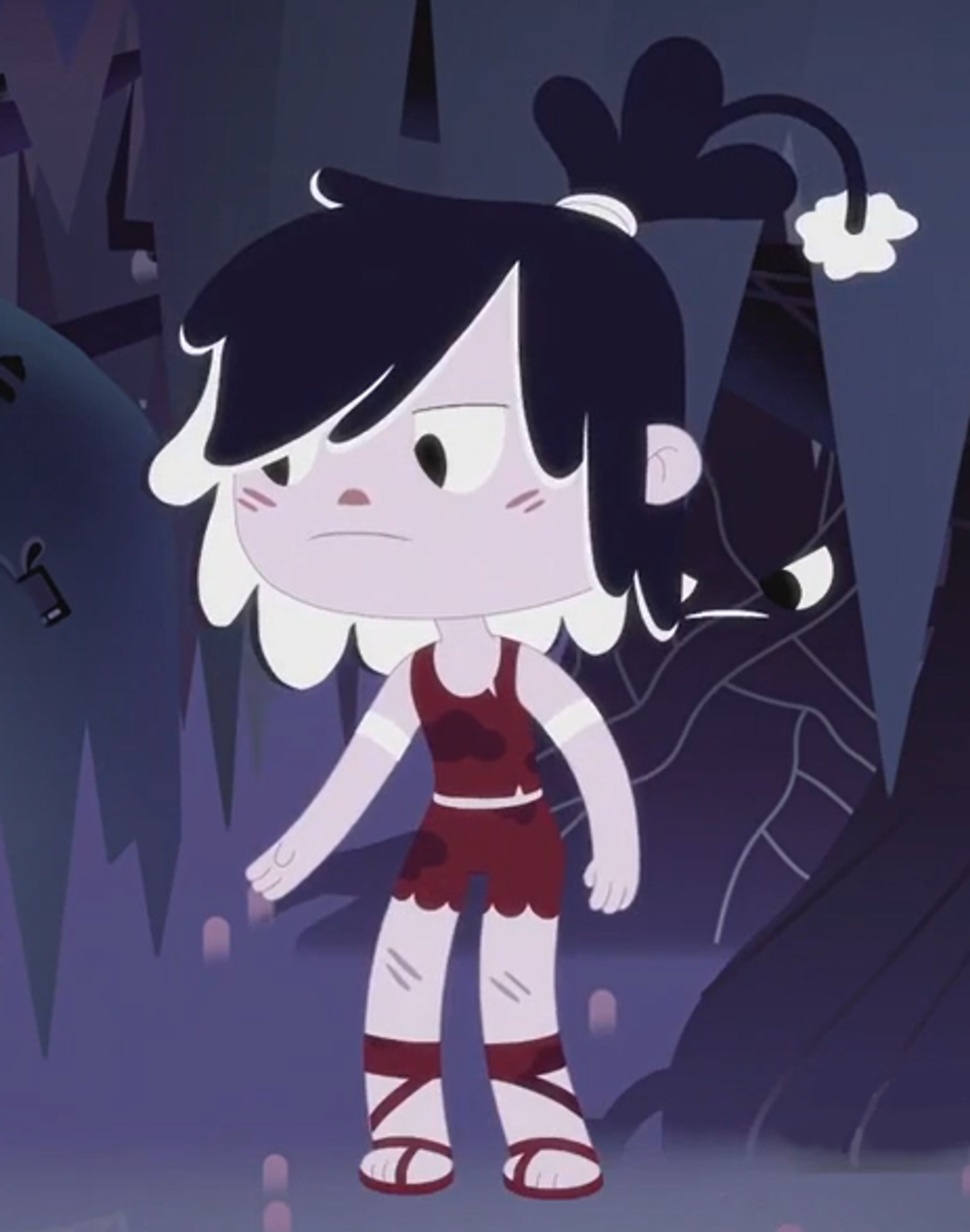 A young, anxious-looking Moonflower character with pale skin, black and white hair, and a white flower growing from their head.