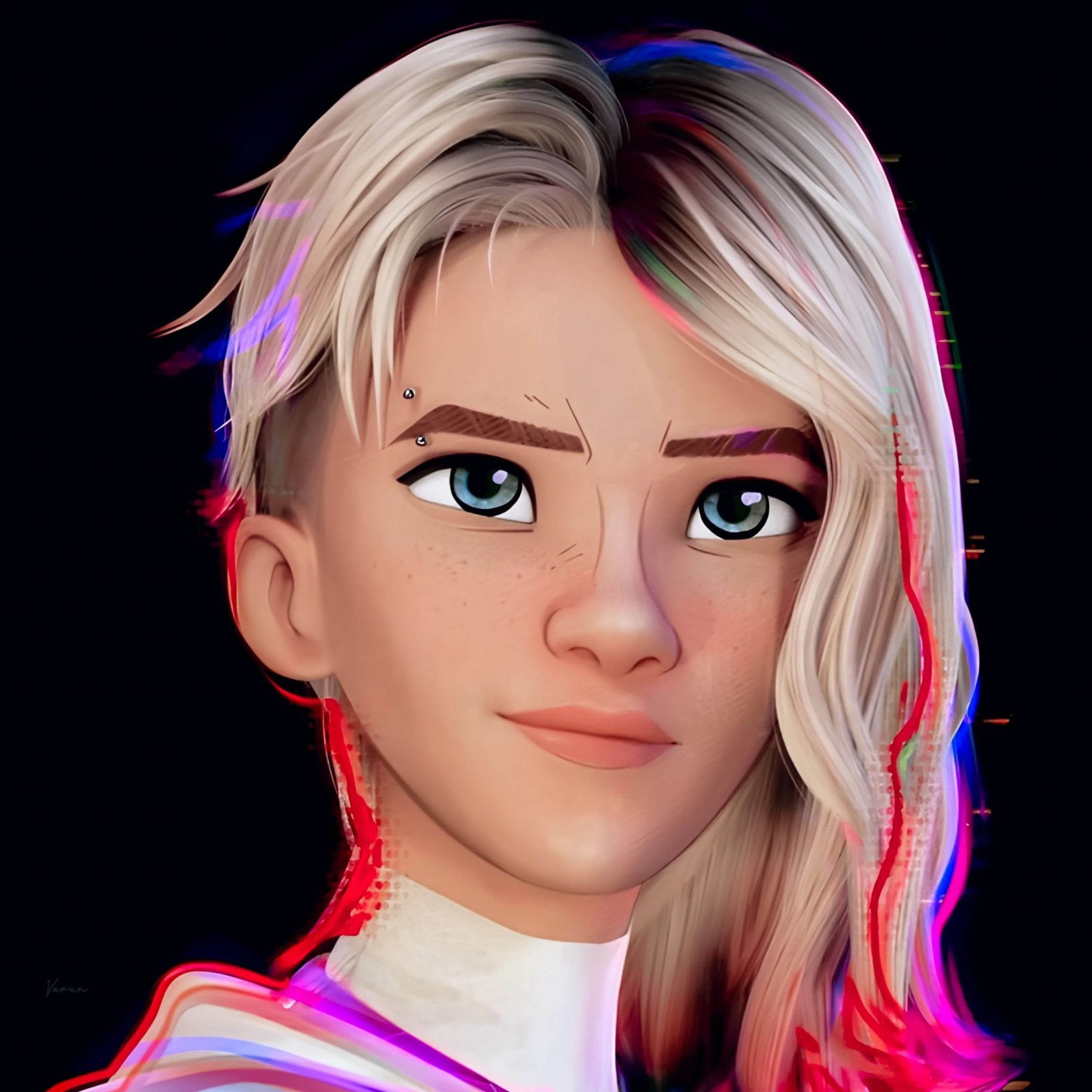 A young woman in a superhero costume with a spider-like design