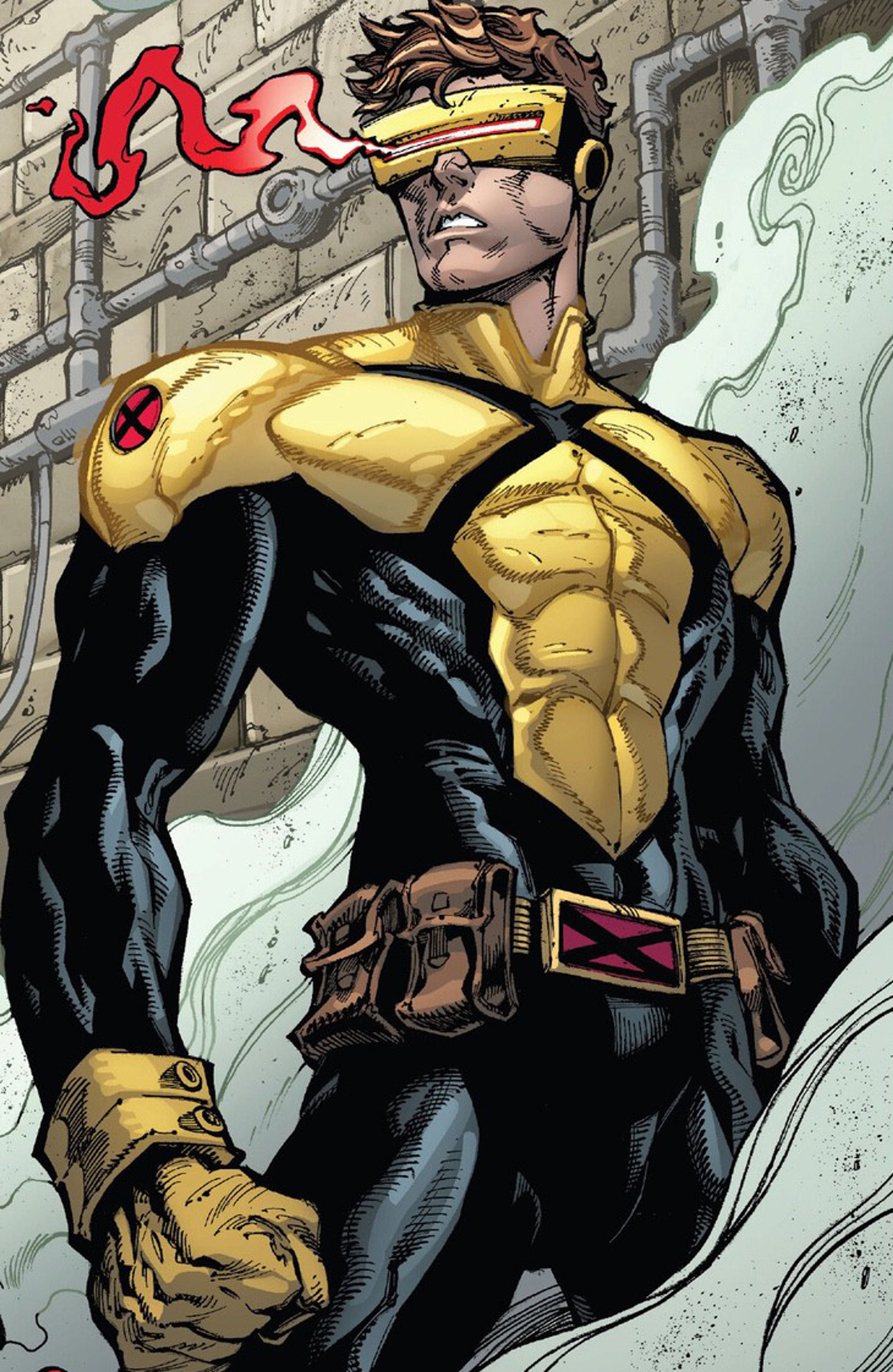 A muscular male superhero character in a yellow and black costume with a red visor-like eye protection.