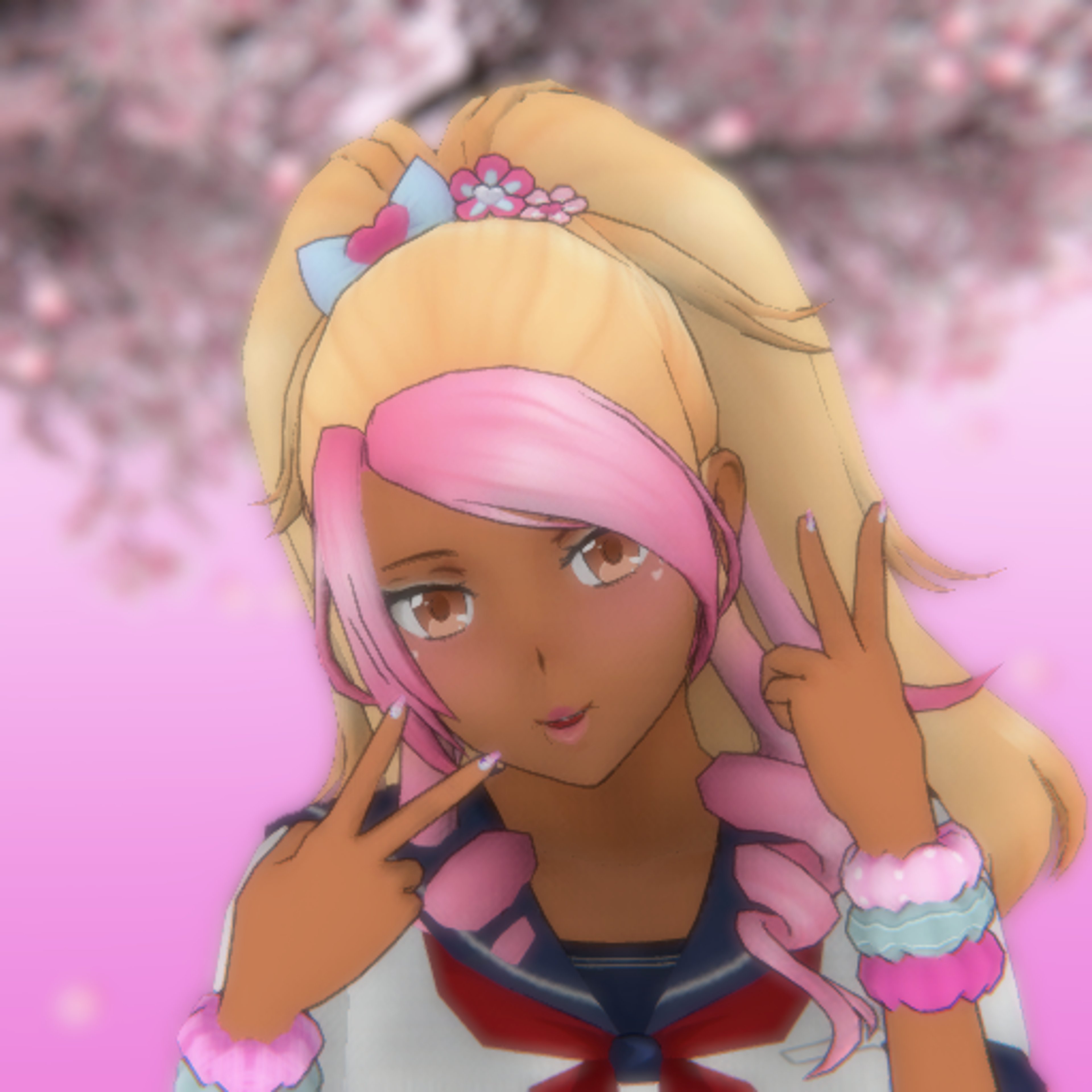 An anime-style character with blonde hair and pink-tinted bangs, wearing decorative accessories like heart-shaped bows and flower clips.