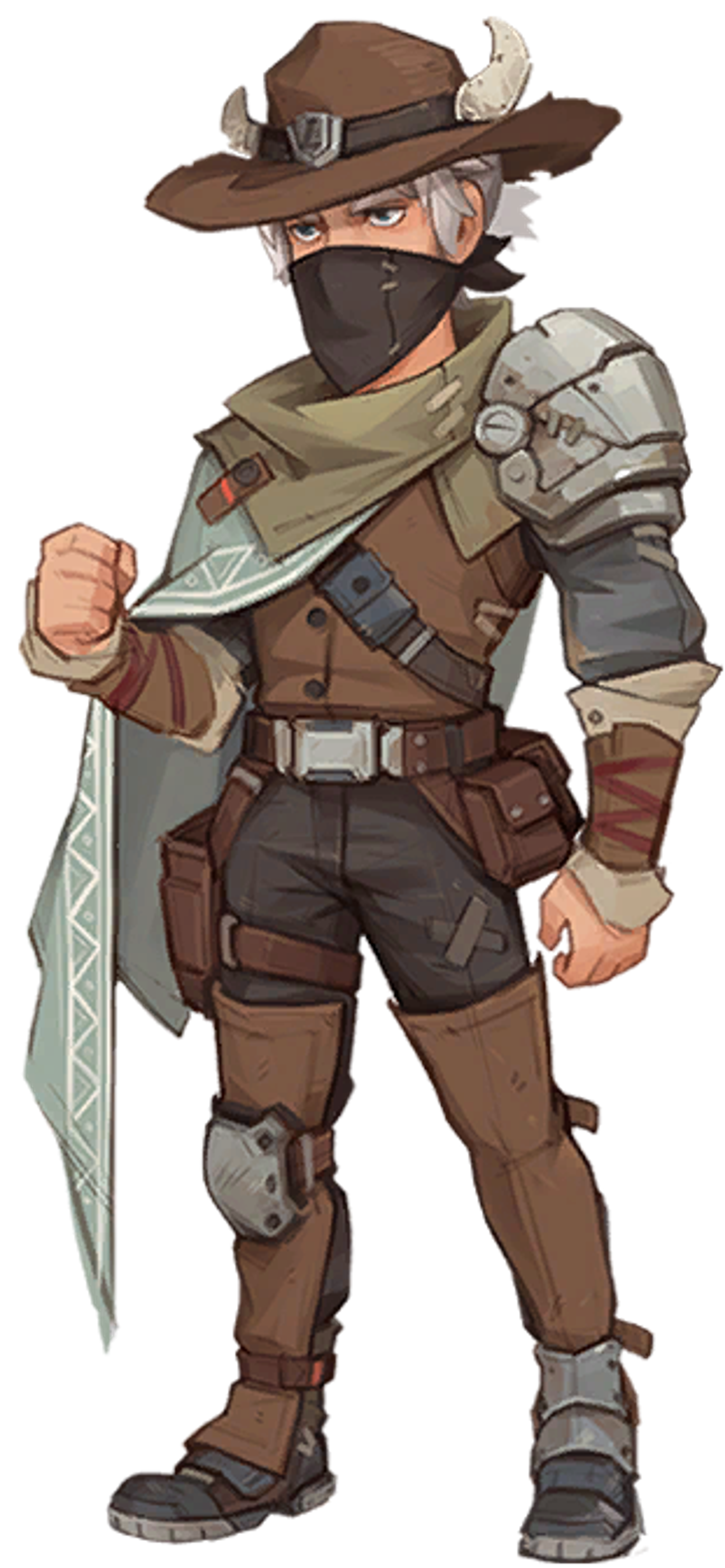 A heavily armed and armored character with a cowboy-style hat and bandana covering their face