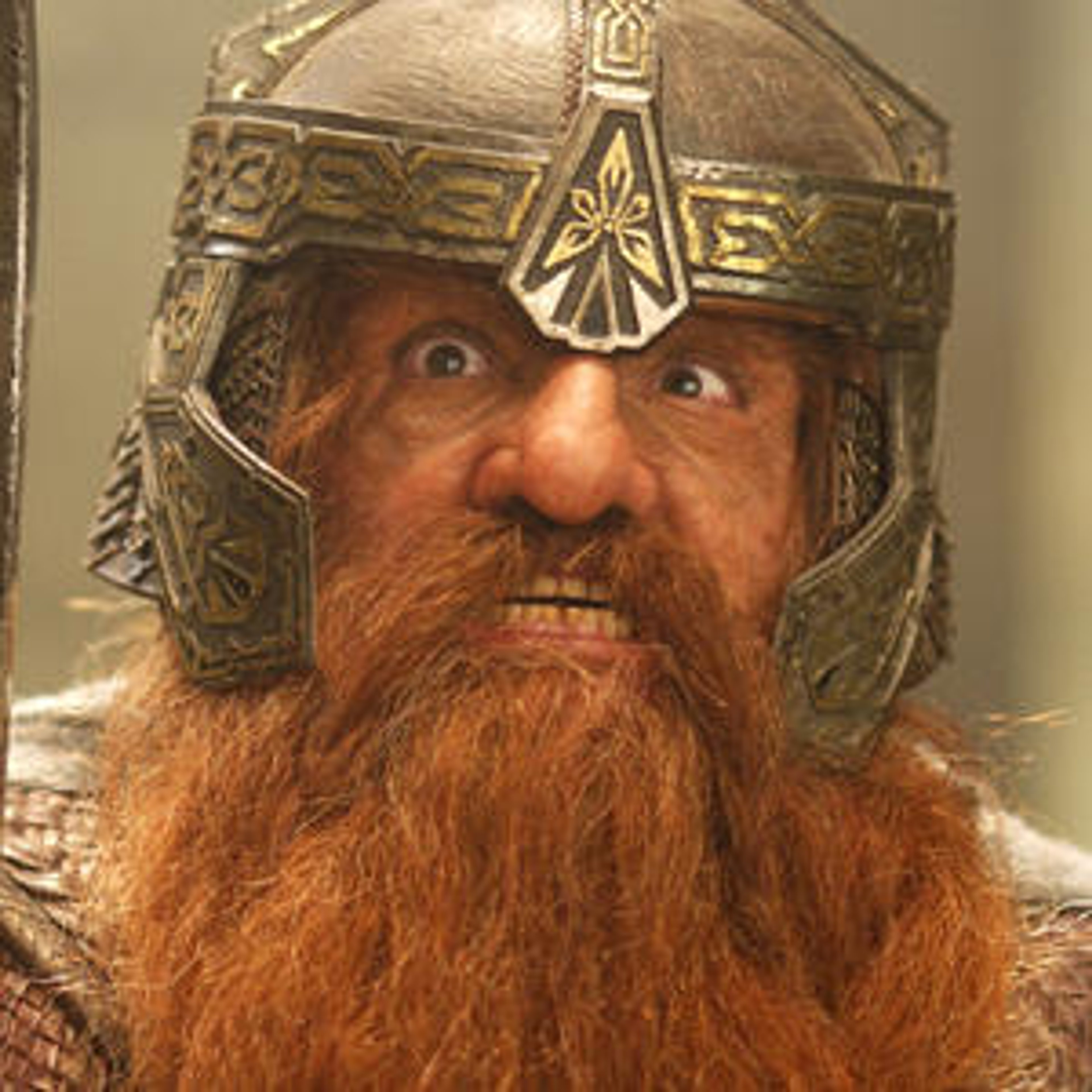 A close-up portrait of a gruff, elderly dwarf with a red beard and ornate golden helmet