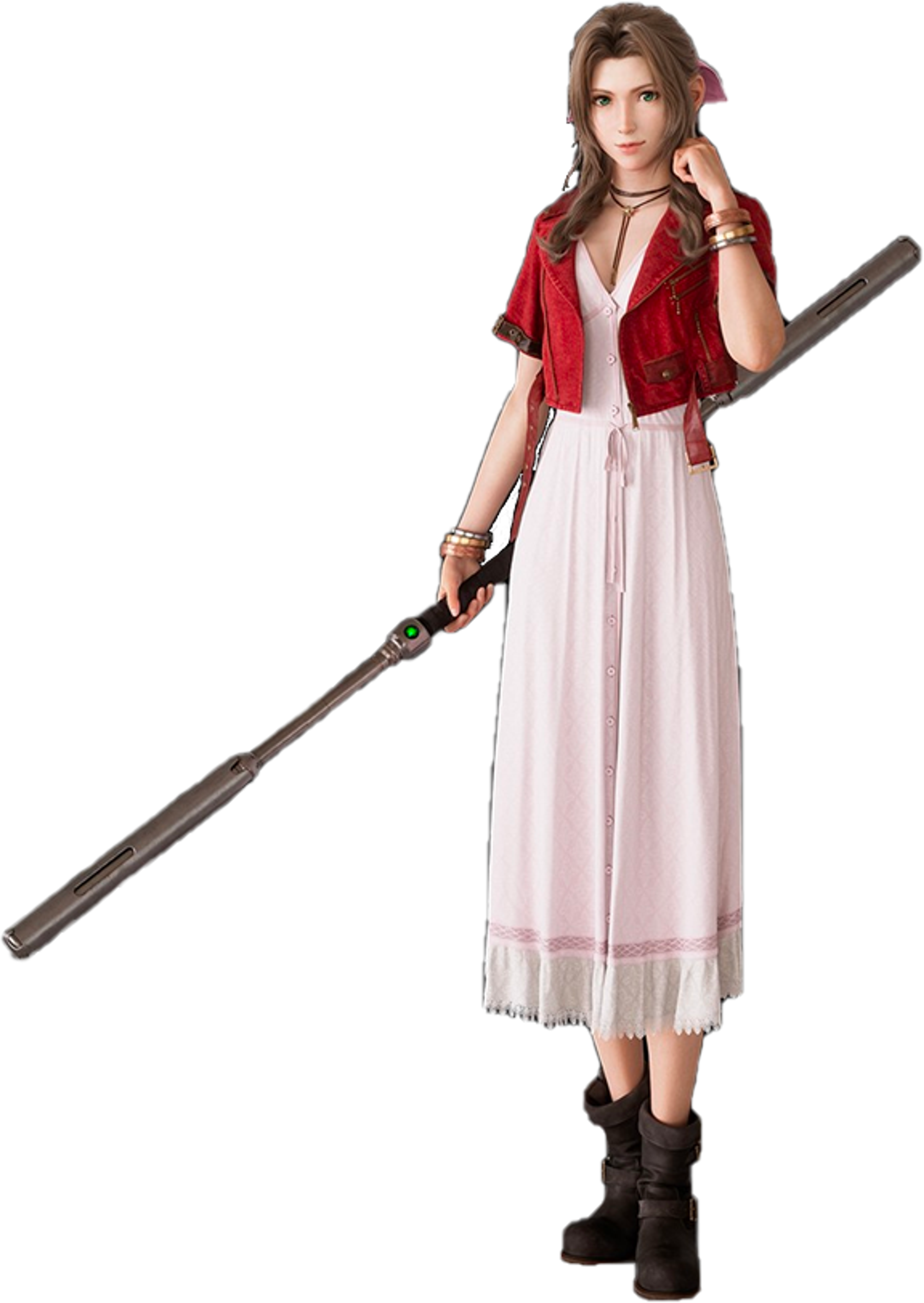 A young woman with long brown hair wearing a pink dress and red jacket, holding a wooden staff.