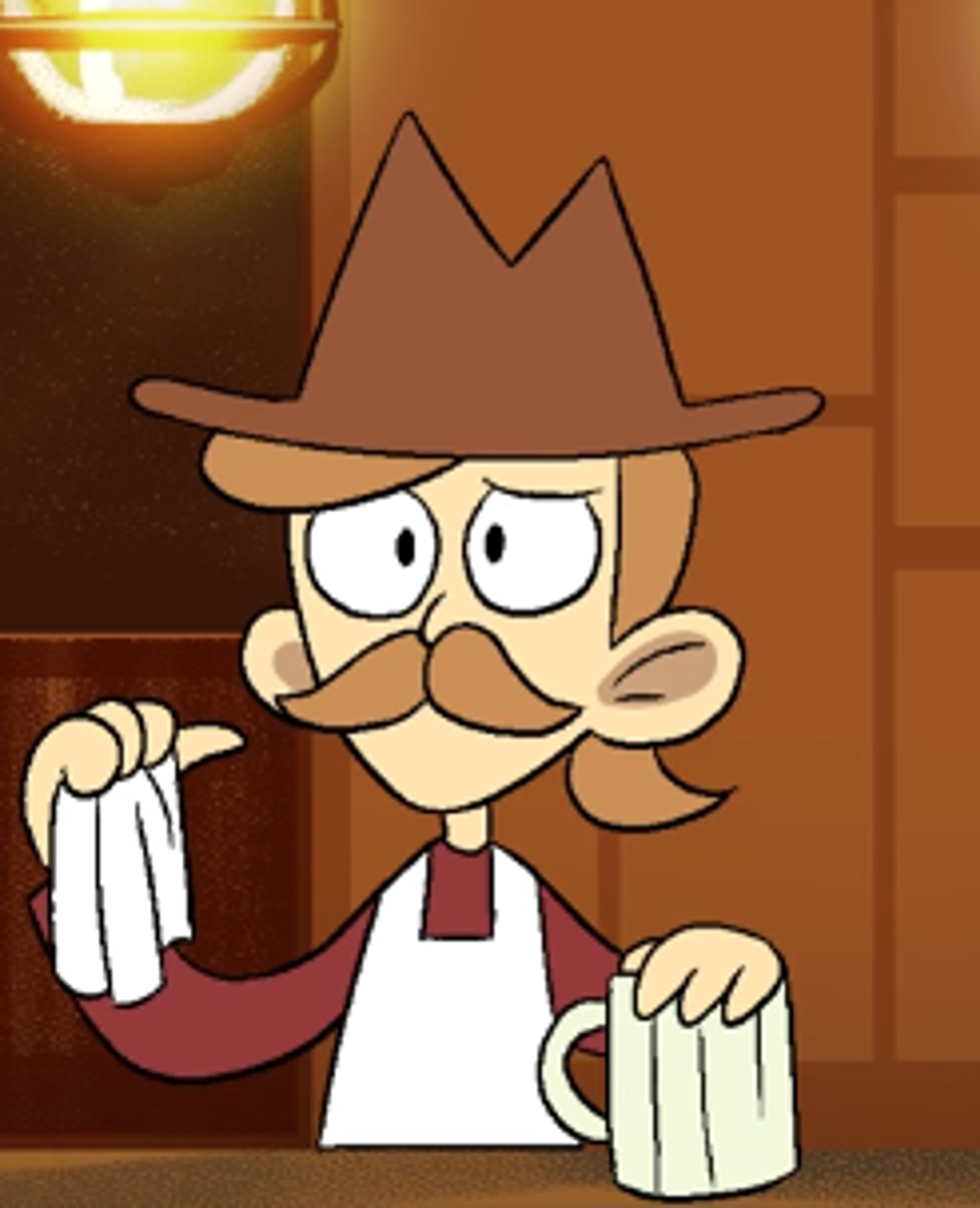 An animated character with a grizzled, weathered appearance wearing a cowboy hat, red bandana, and apron, standing behind a bar.