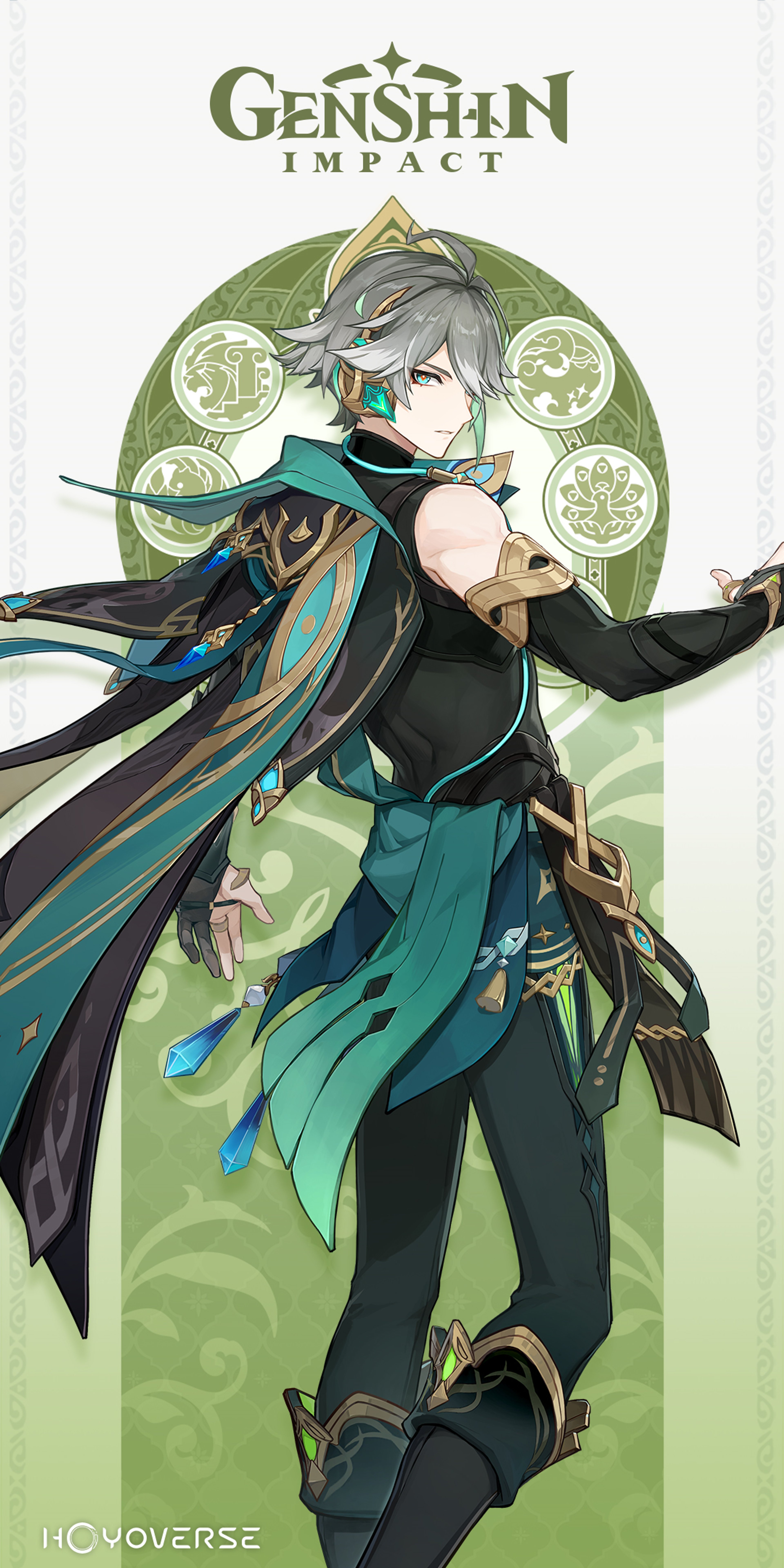 A character named Alhaitham from the game Genshin Impact, depicted in a dynamic, action-oriented pose with green elemental energy surrounding him.