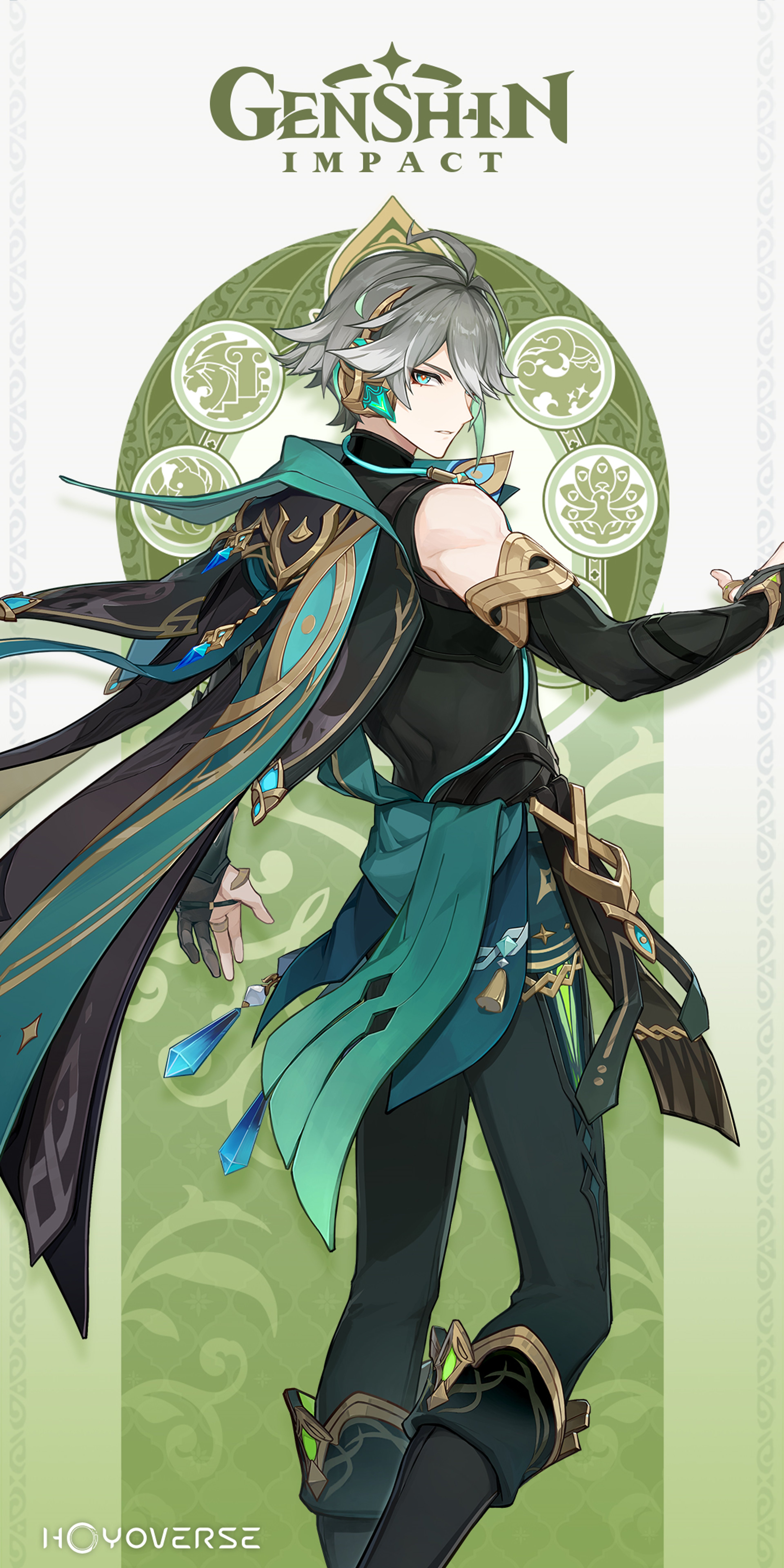 A character named Alhaitham from the game Genshin Impact, depicted in a dynamic, action-oriented pose with green elemental energy surrounding him.