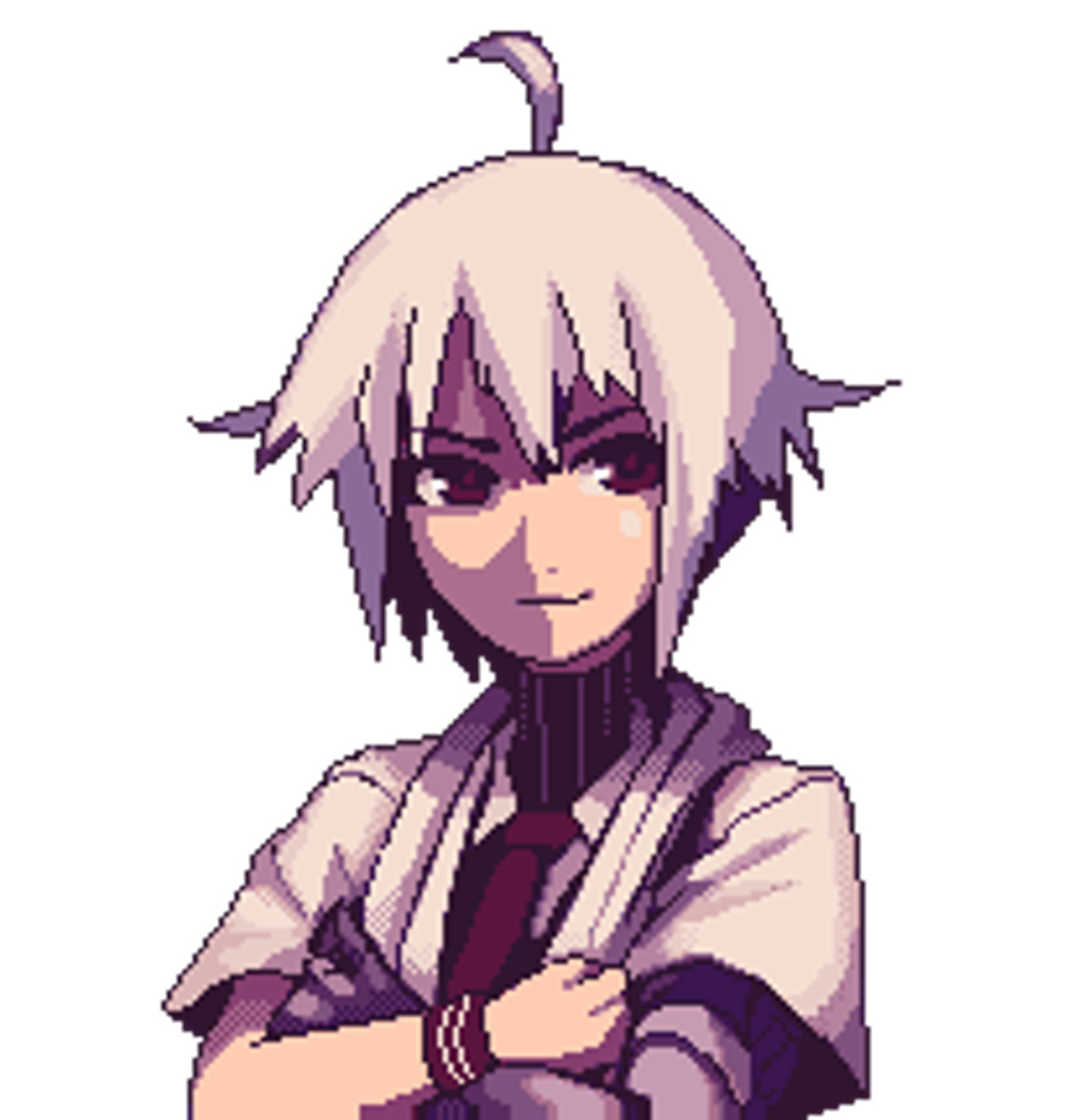 An anime-style character with purple hair and a mechanical prosthetic arm