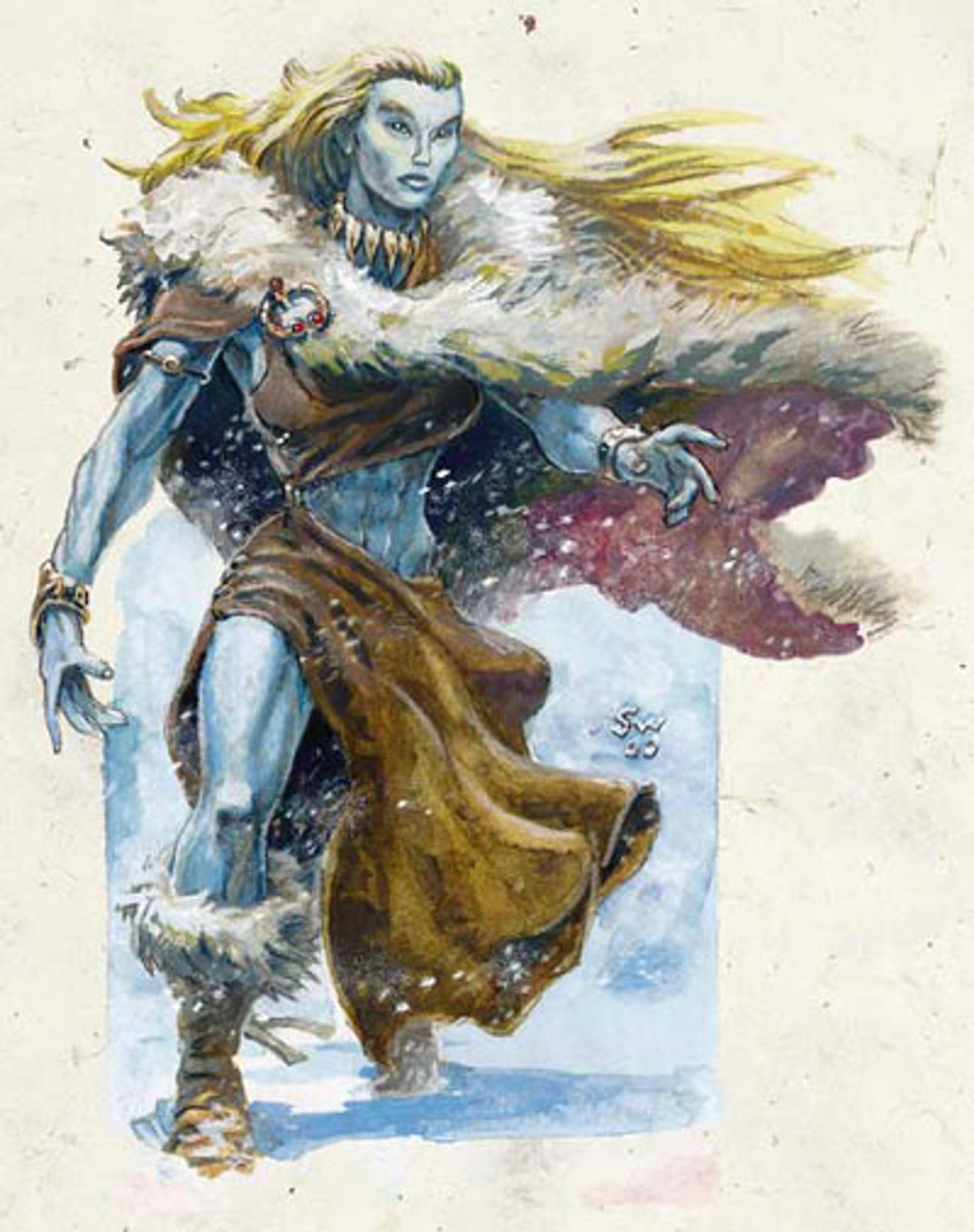 A powerful frost giant cleric with blue skin, golden hair, and a silver wolf fur cloak