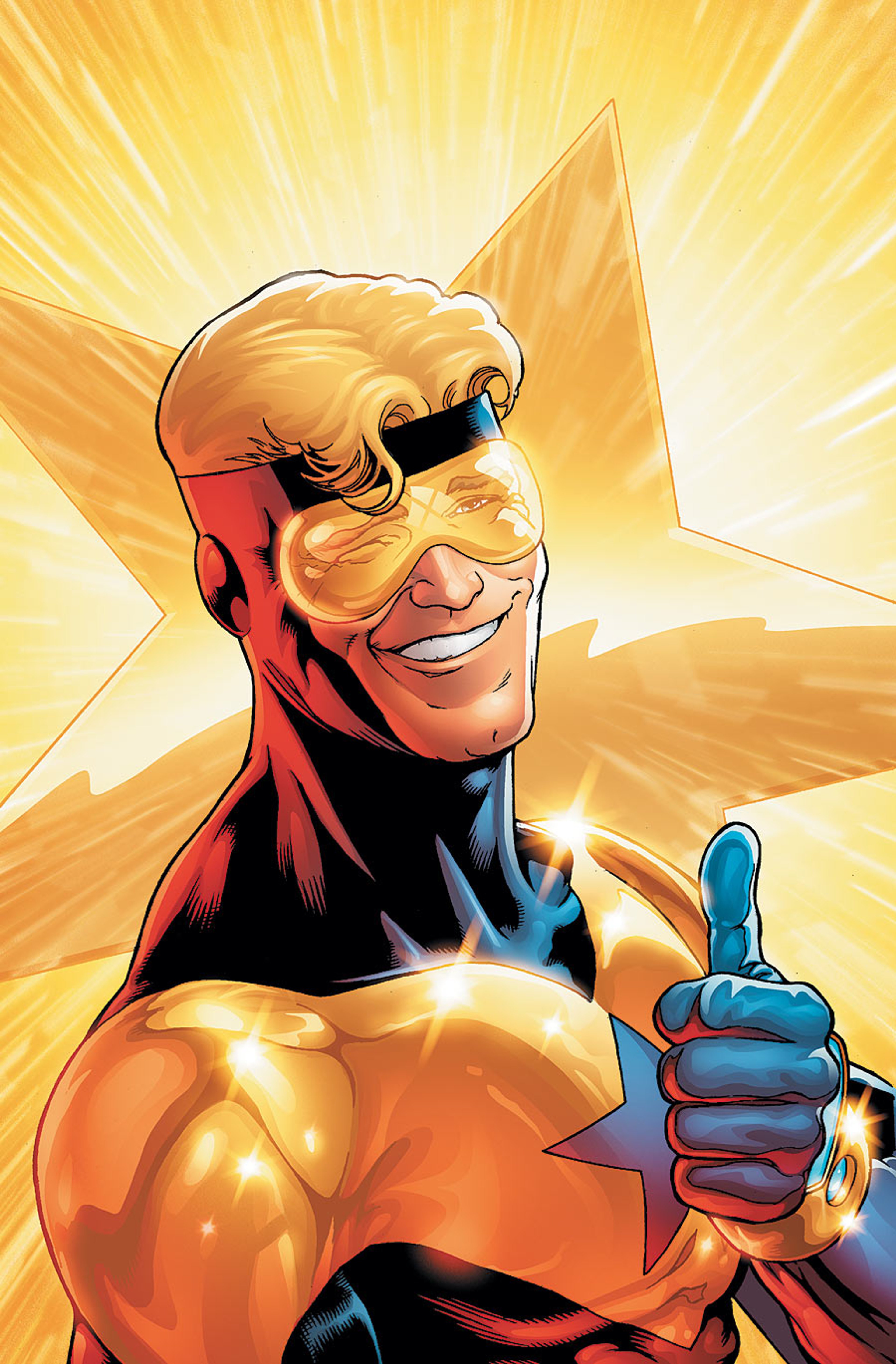 A muscular, blond-haired superhero character in a red and blue costume giving a thumbs up gesture.