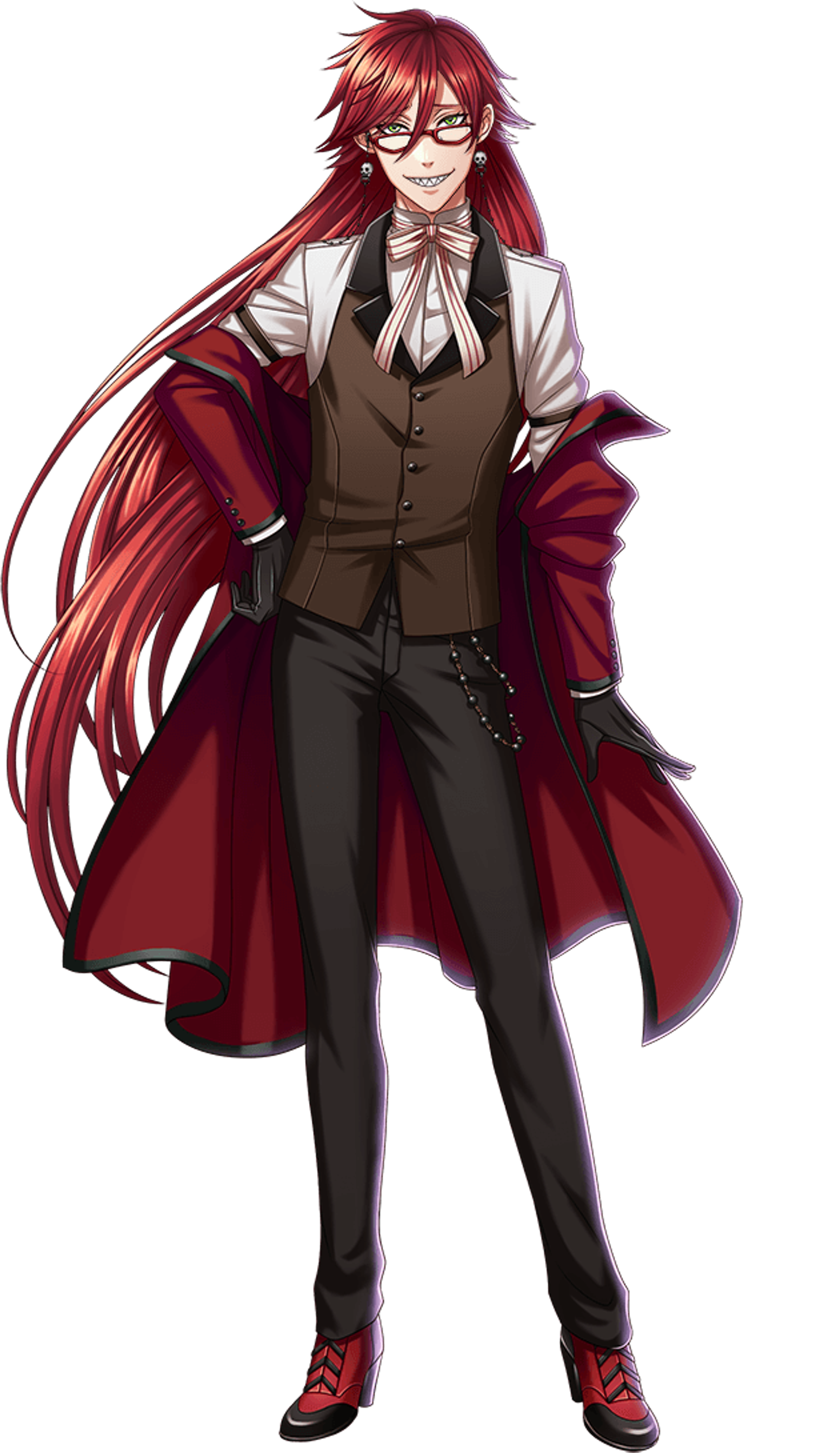 A flamboyant, gender-nonconforming grim reaper character with long, dark-red hair, shark-like teeth, and phosphorescent green eyes, wearing a red and black ensemble.