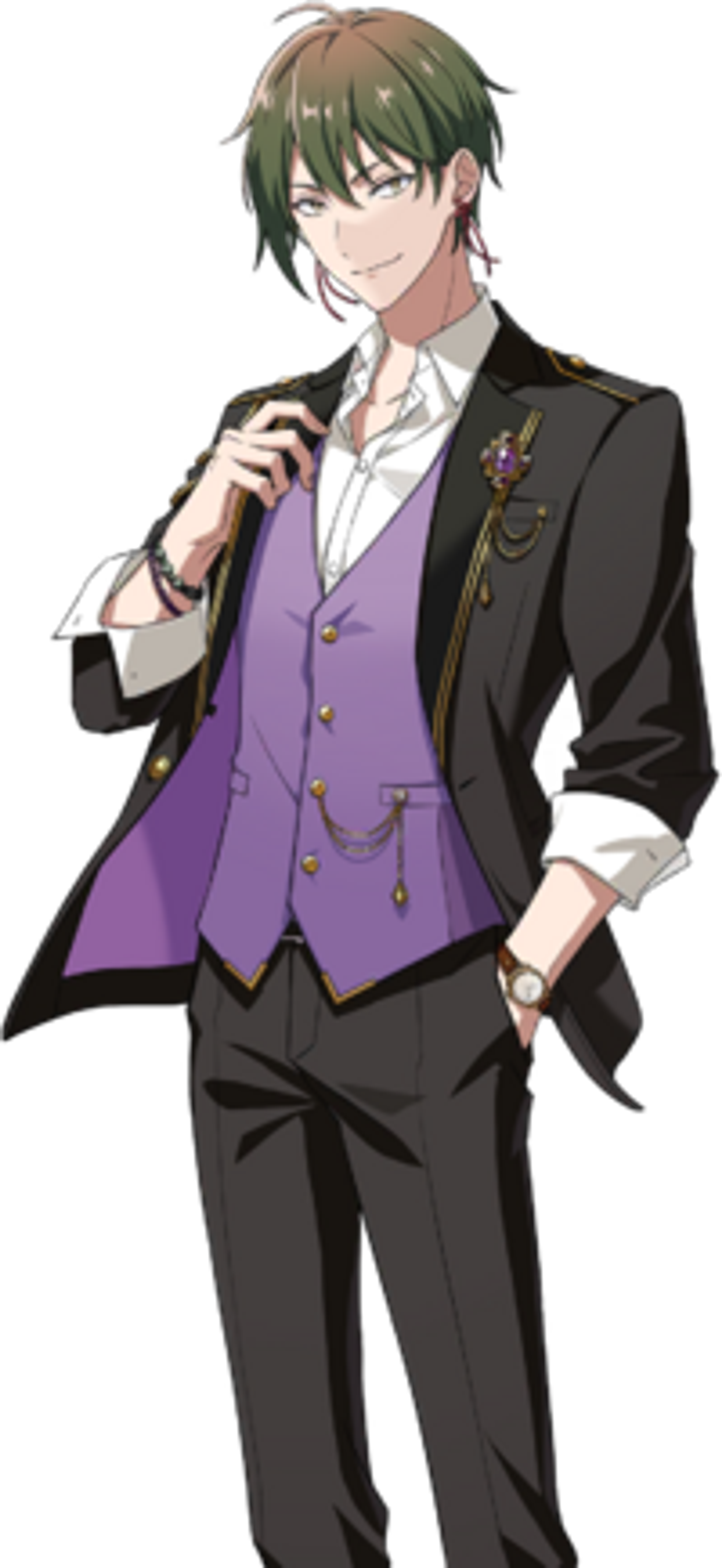 A young man with green hair and heterochromatic eyes wearing a black suit with a purple vest and tie