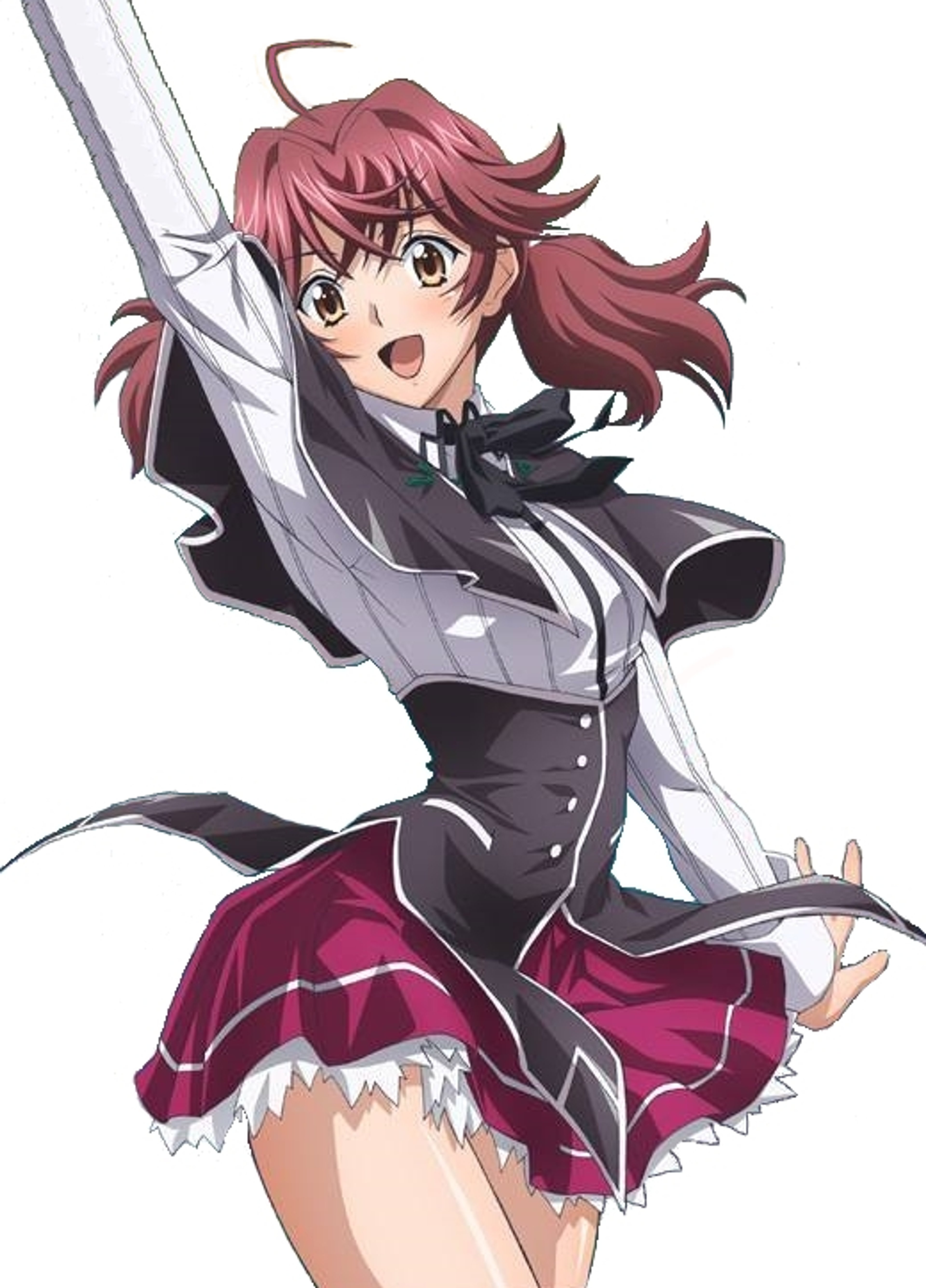 An anime-style character with twin-tailed reddish-brown hair and a black uniform holding a sword