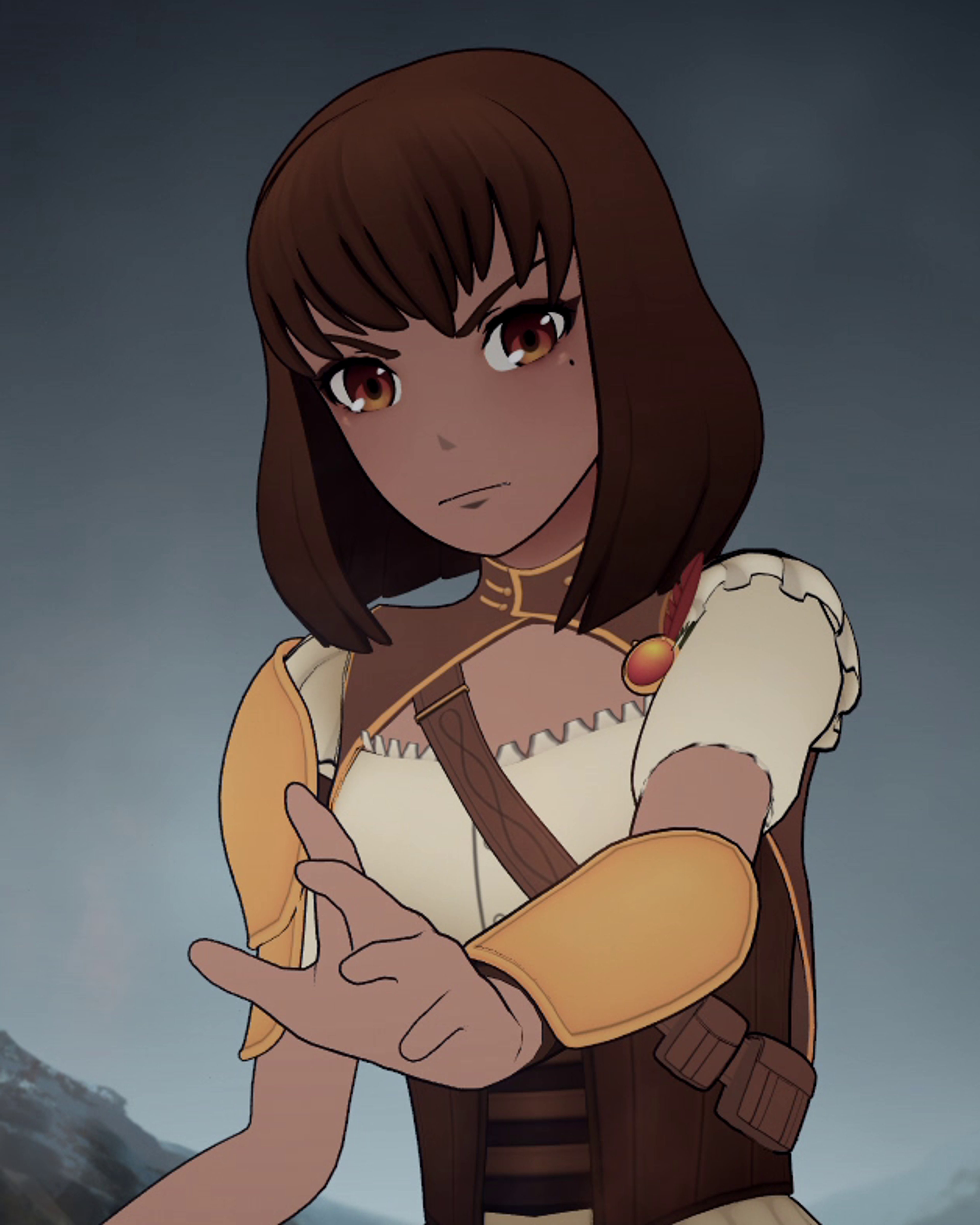 A powerful but kindhearted female character with brown hair, dark skin, and a beauty mark under her left eye, wearing a brown outfit with armor-like elements.
