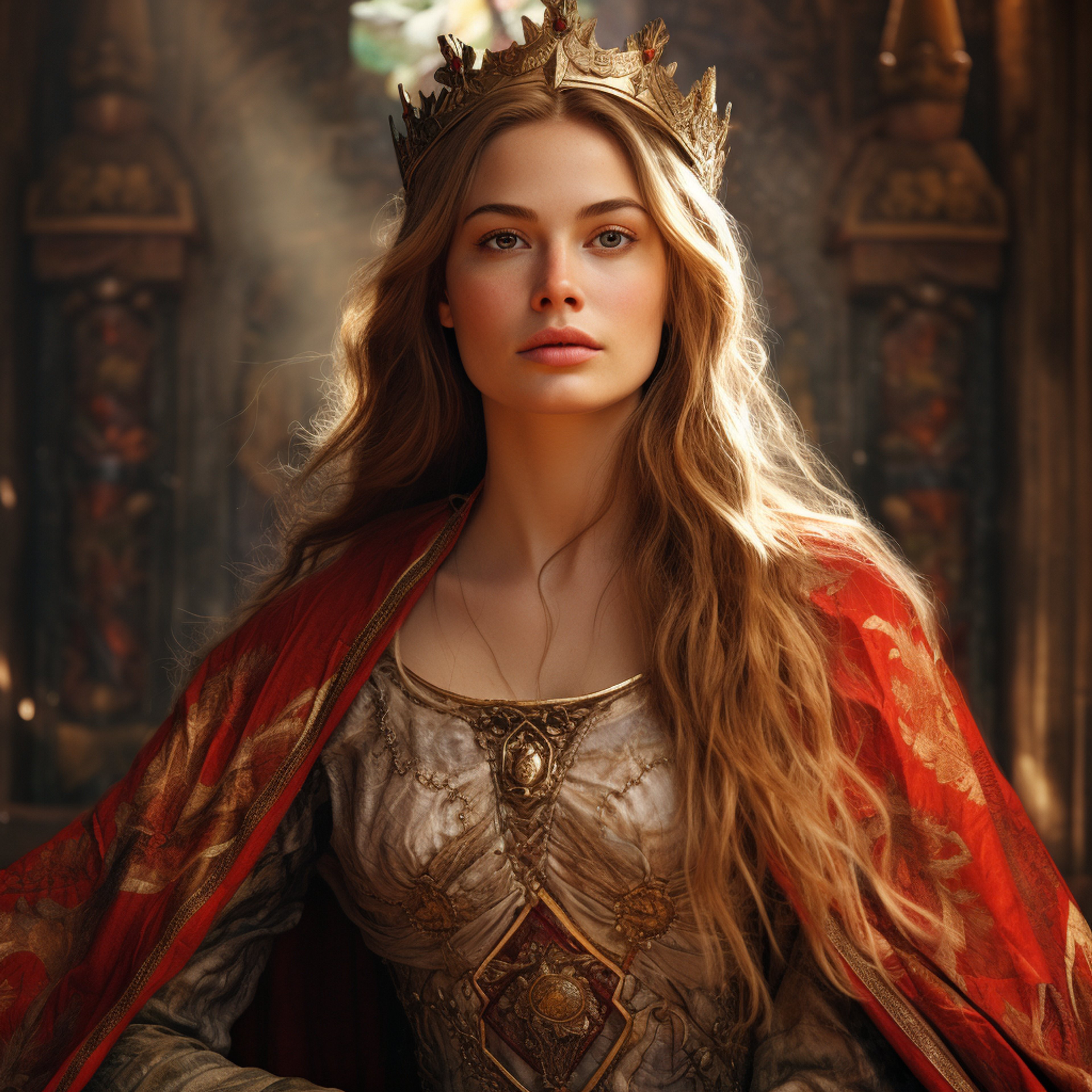 A regal-looking woman with long brown hair wearing a red cloak and golden crown, standing in a medieval-style setting.