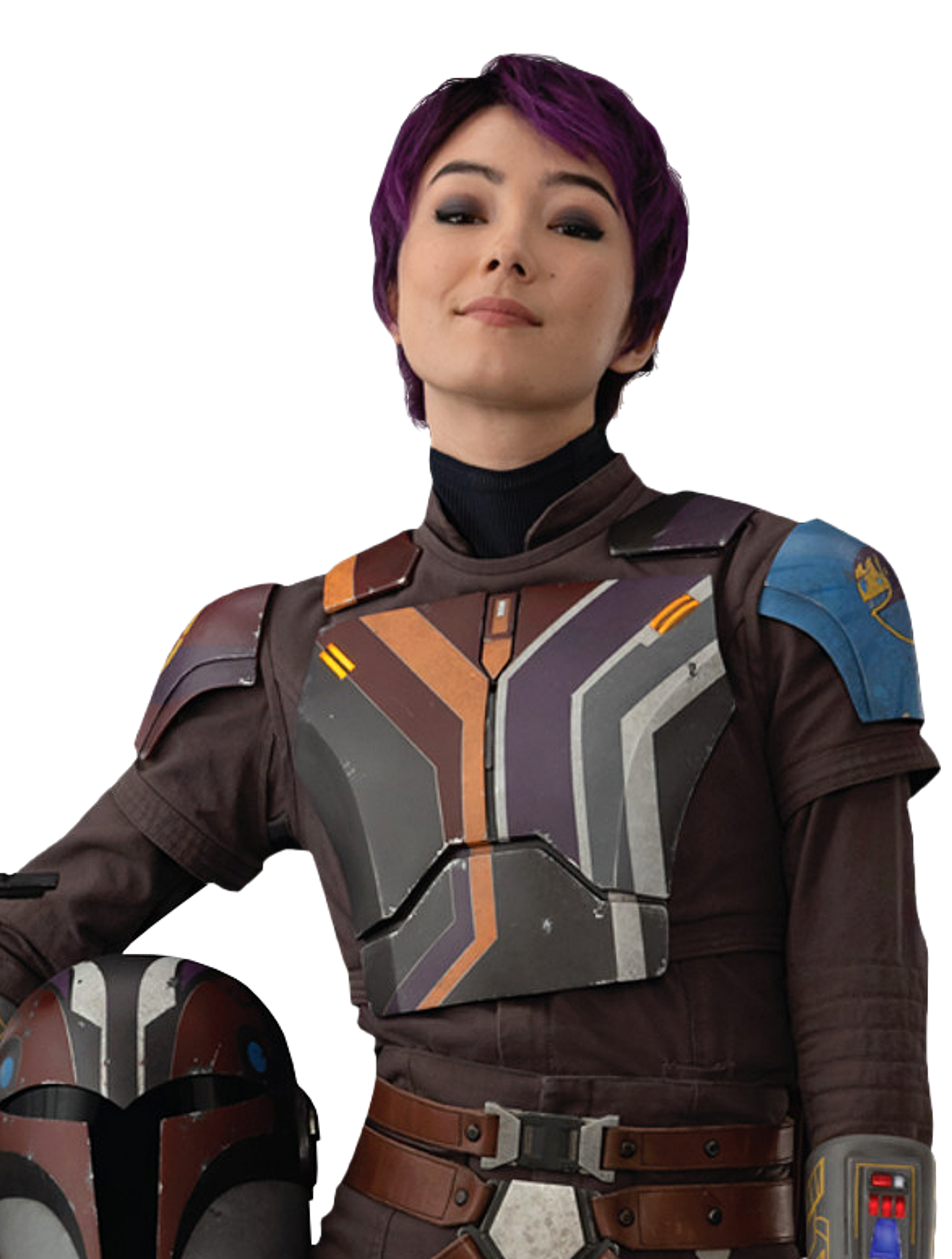 A young woman in a futuristic armored bodysuit with purple hair