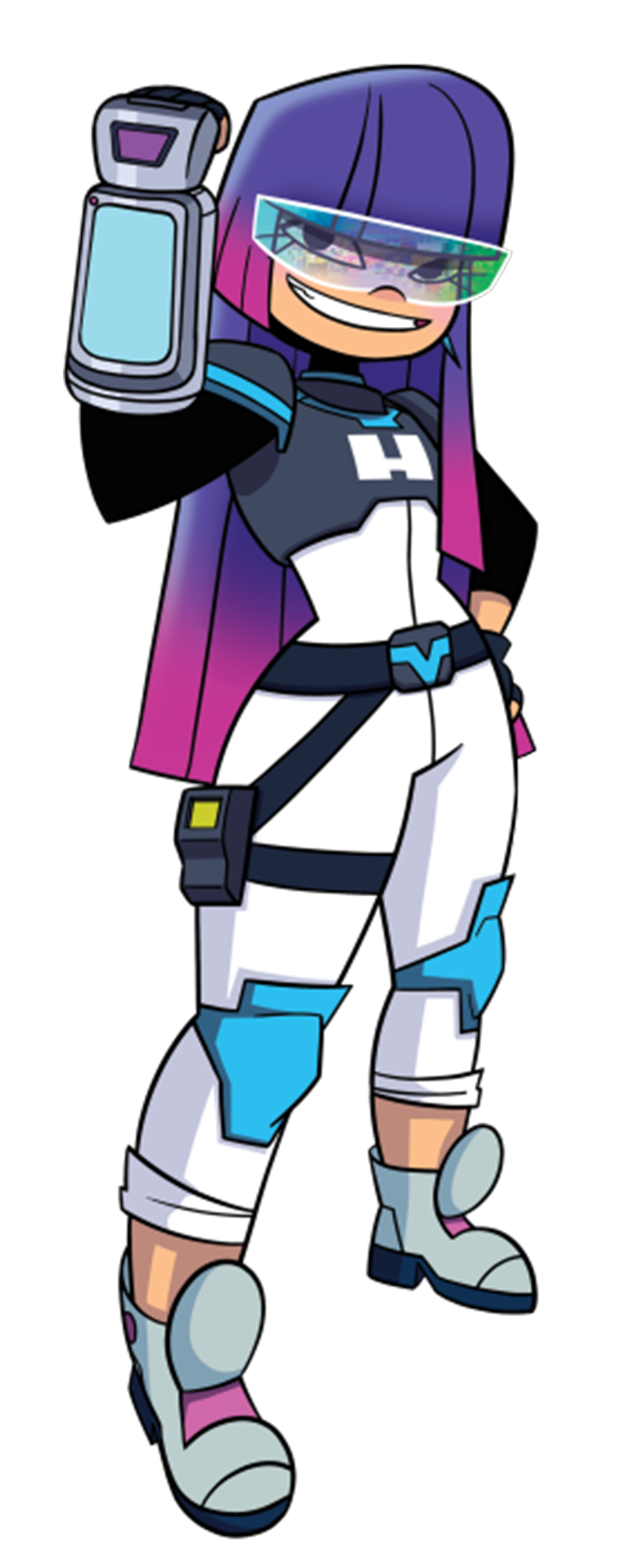 A young female character with purple hair and a futuristic outfit holding an electronic device.