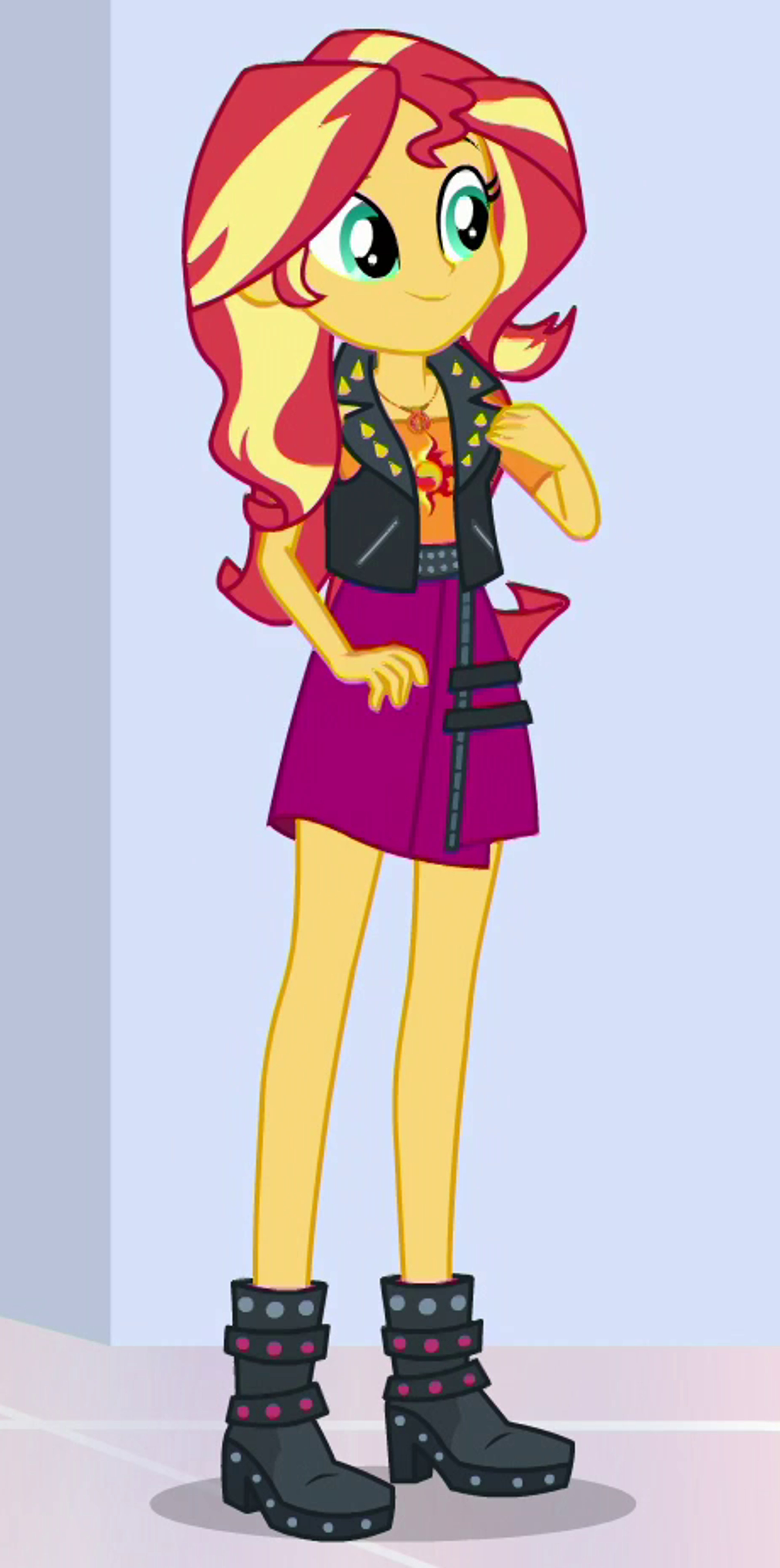 A female character with red and yellow hair, wearing a black jacket, skirt, and boots.