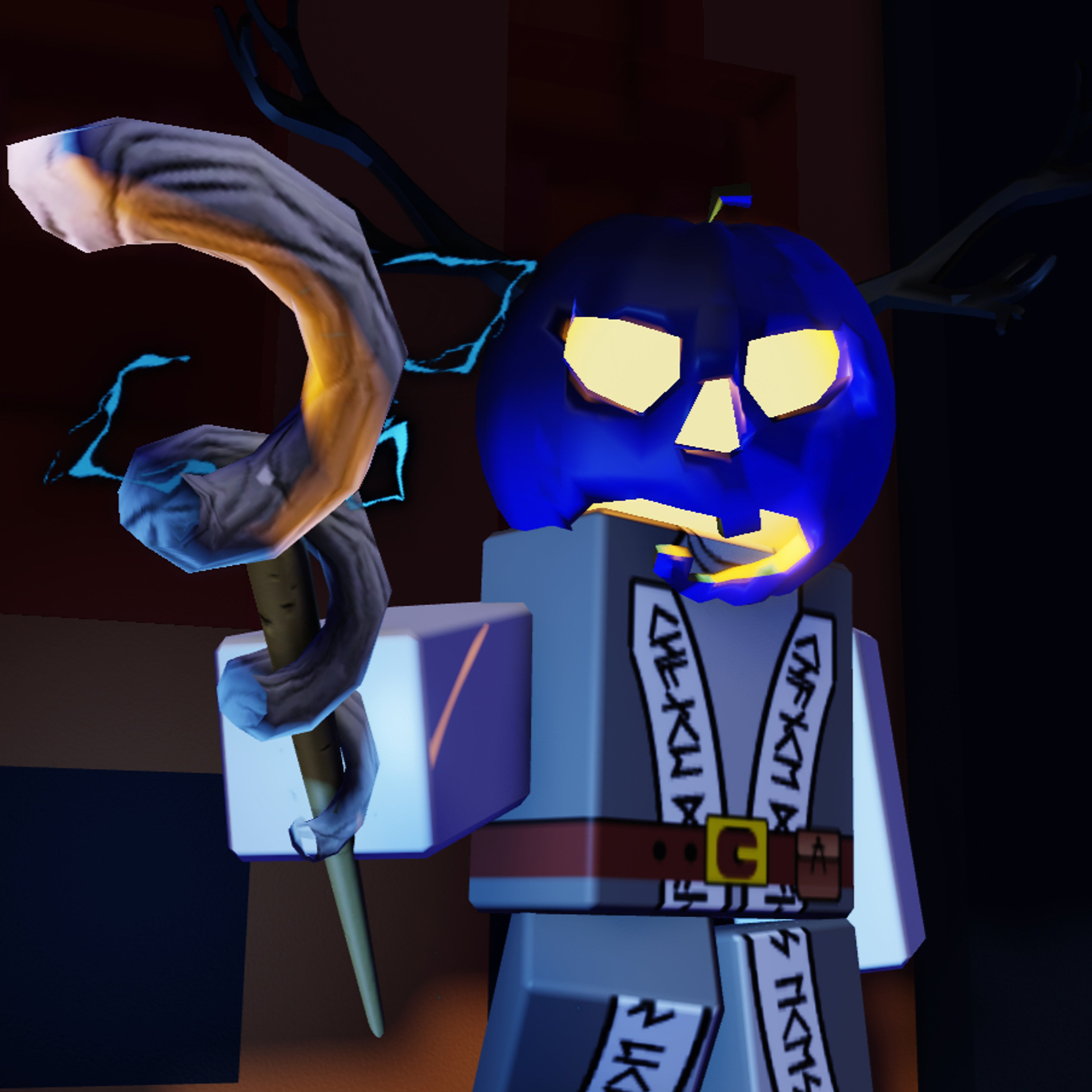 A character with a pumpkin-shaped head and magical abilities