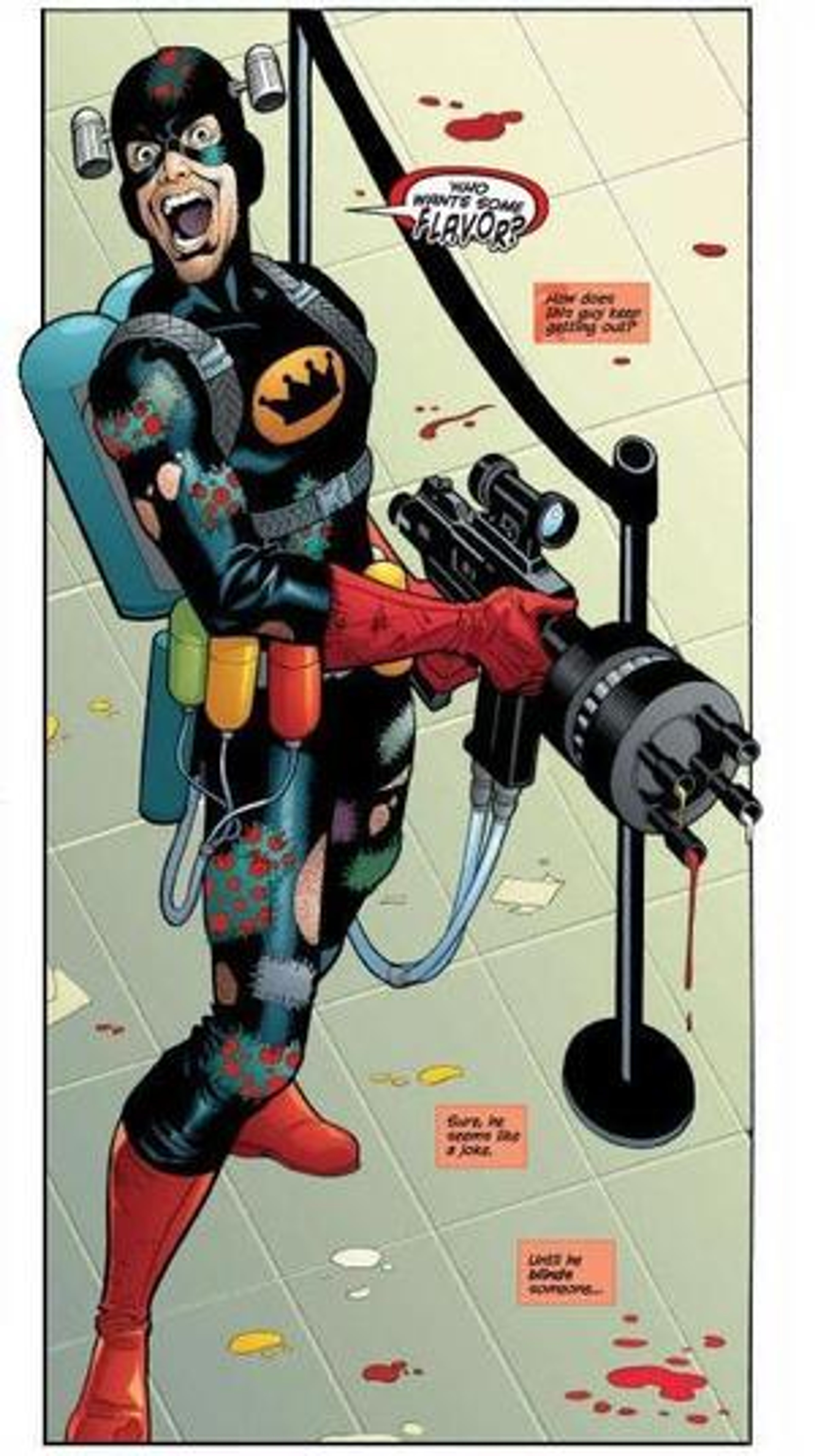 A costumed supervillain character holding condiment-themed weapons