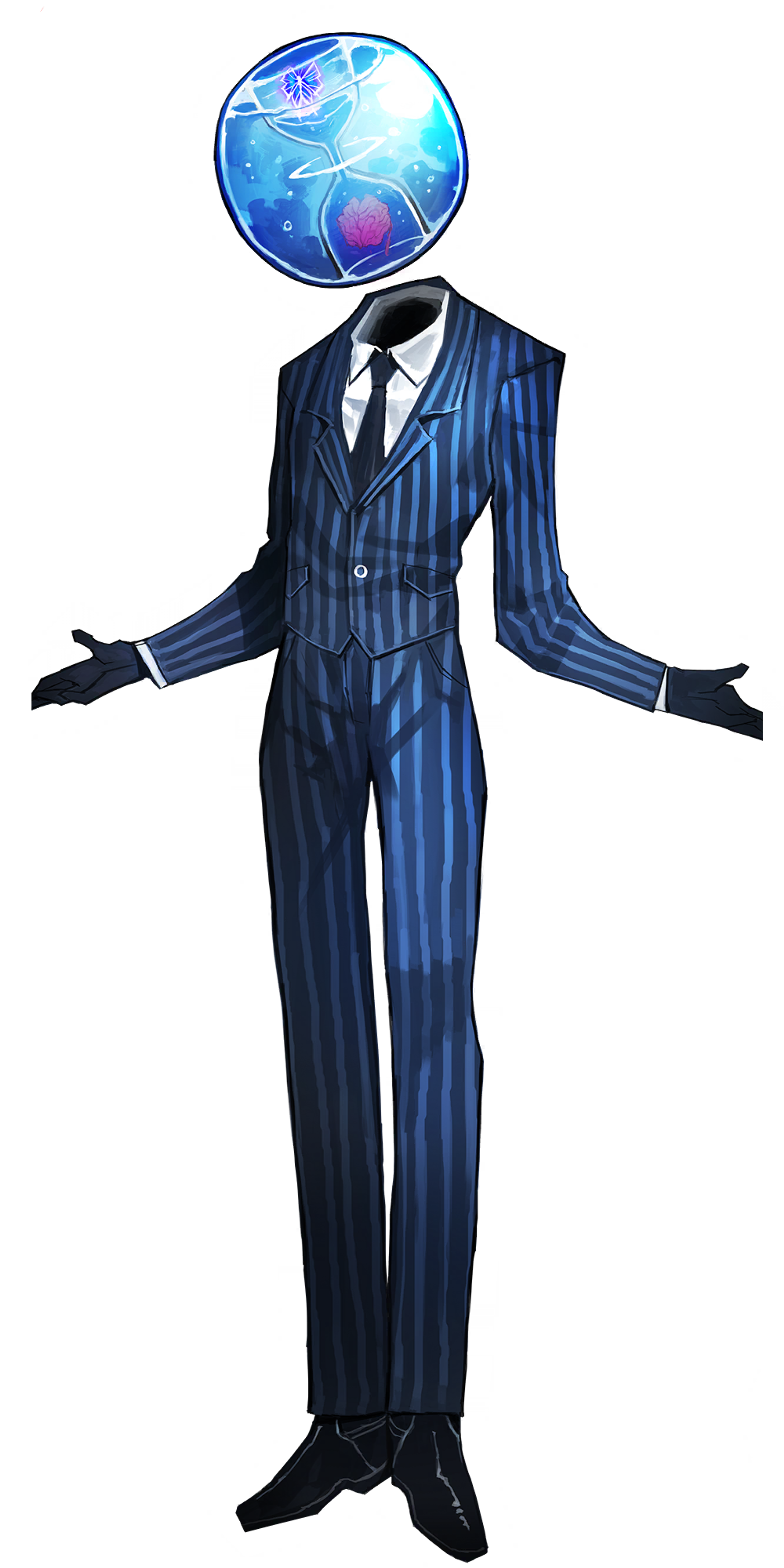 A humanoid figure wearing a blue striped suit with a floating glass sphere filled with water for a head, containing an hourglass-like structure and a purple butterfly.