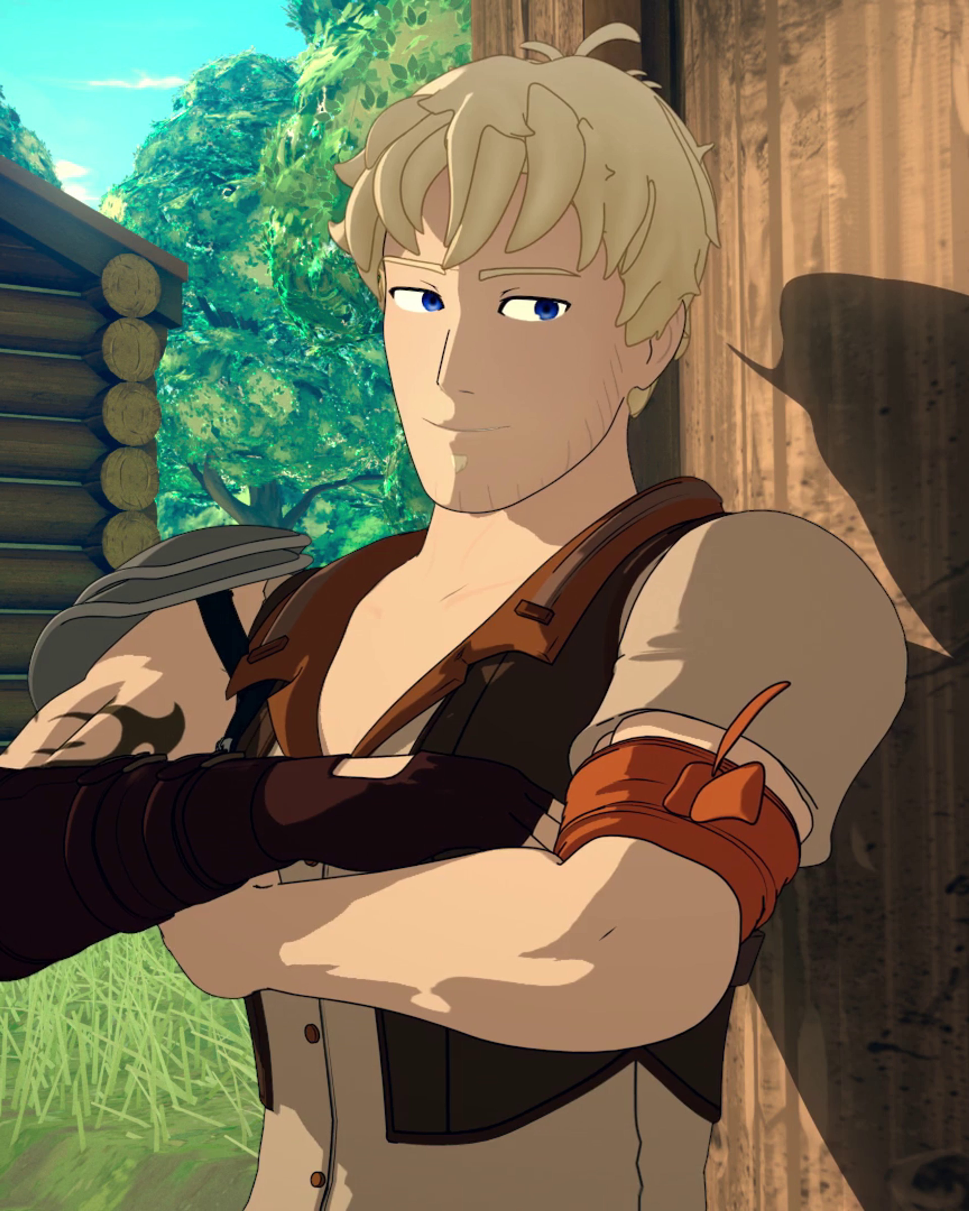 A muscular, blond-haired man in combat gear standing in front of a wooden cabin