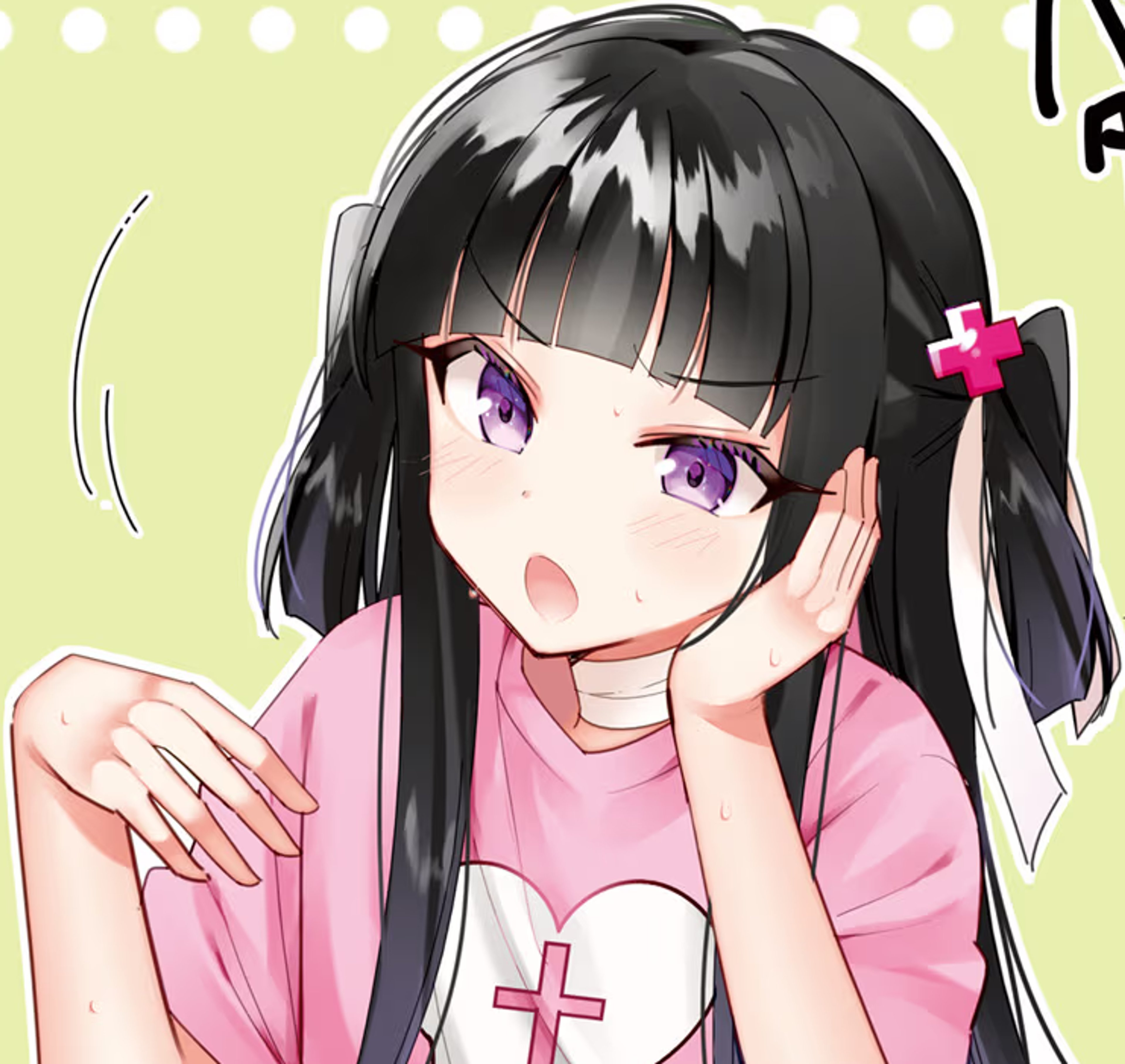 An anime-style character with long black hair in twin pigtails, wearing a pink shirt with a cross design.