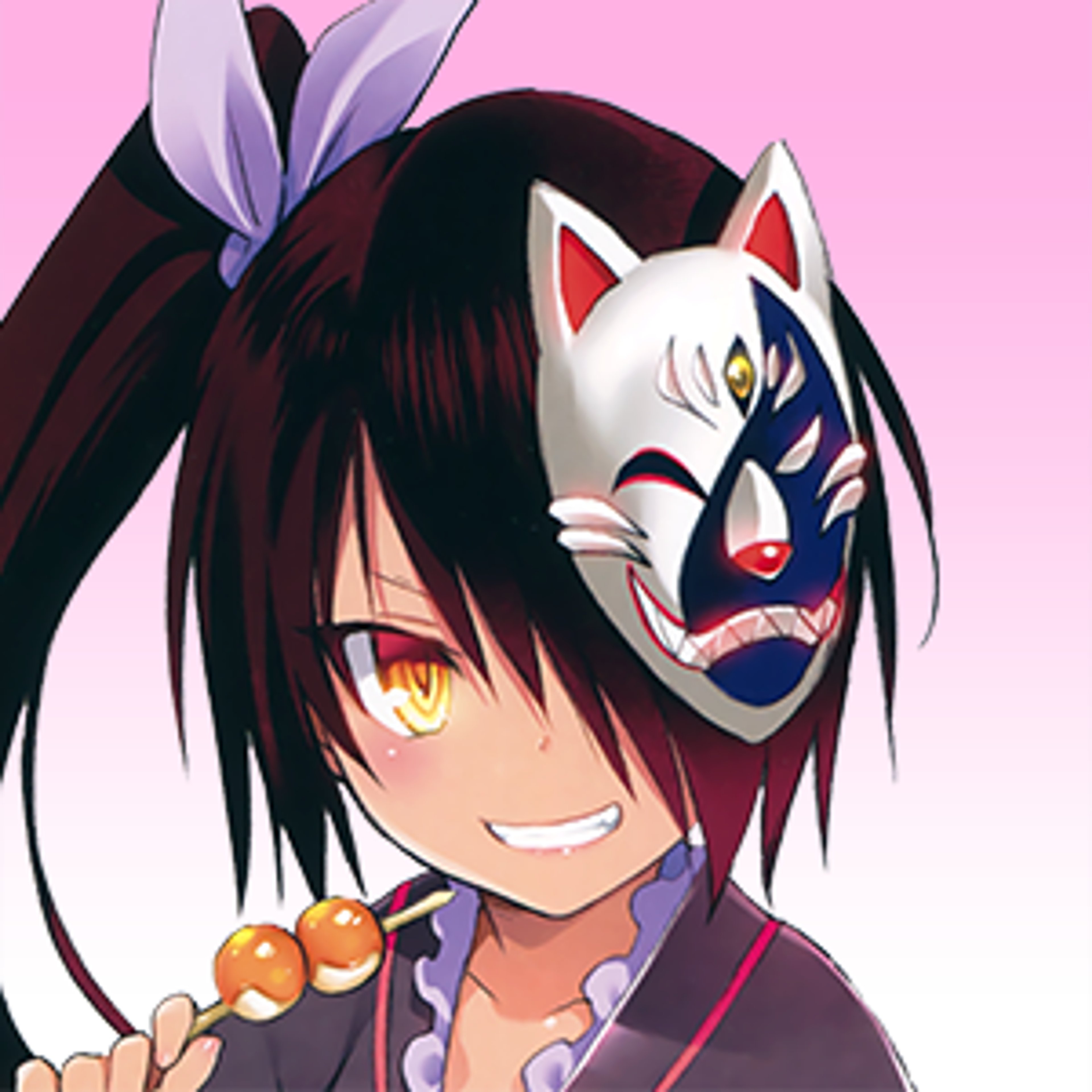 A dark-skinned girl with long black hair and red highlights, wearing a black yukata with a star symbol, has a mysterious expression.