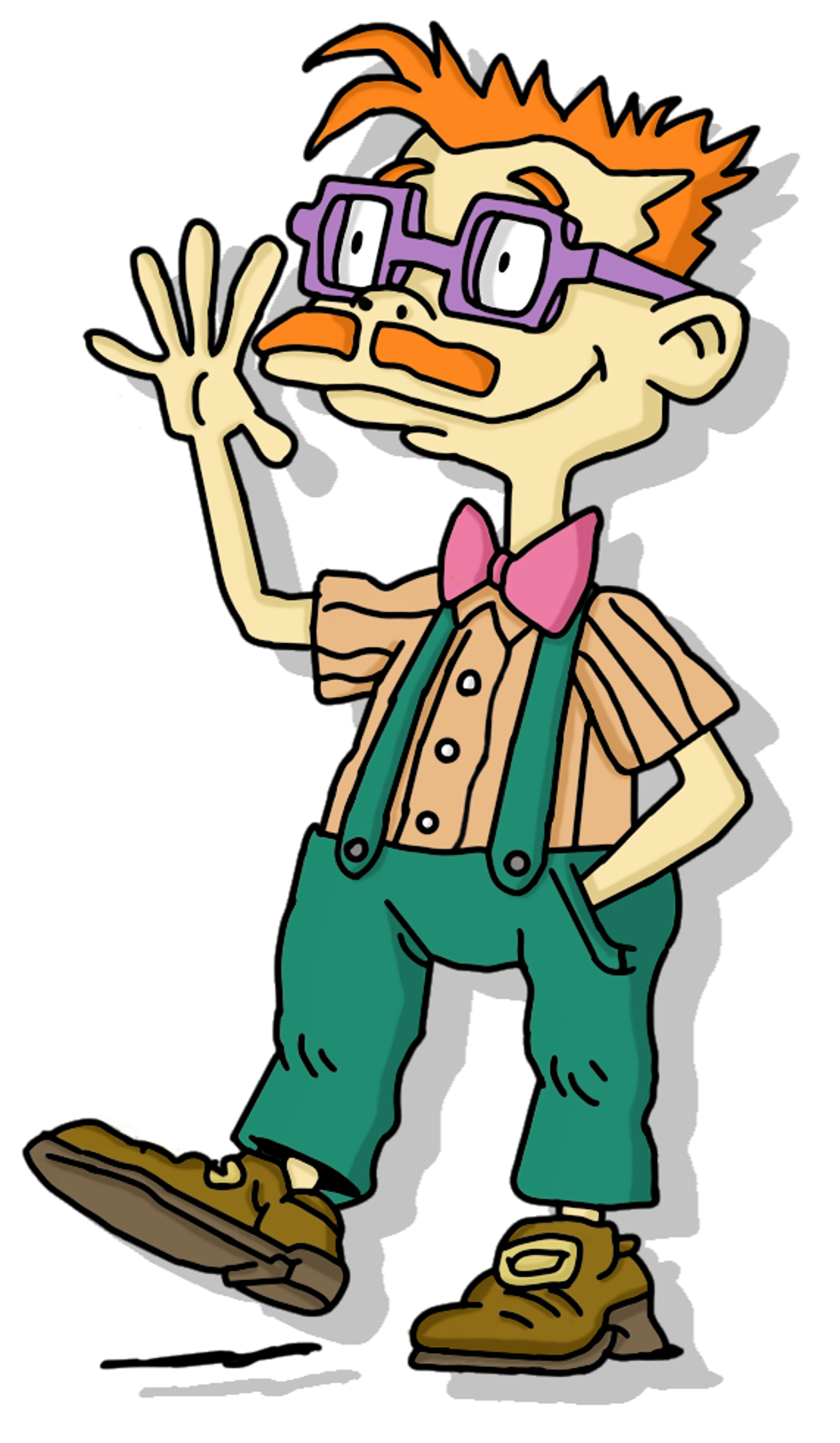 A cartoon character with red hair, glasses, and a nervous expression wearing a green outfit with suspenders.