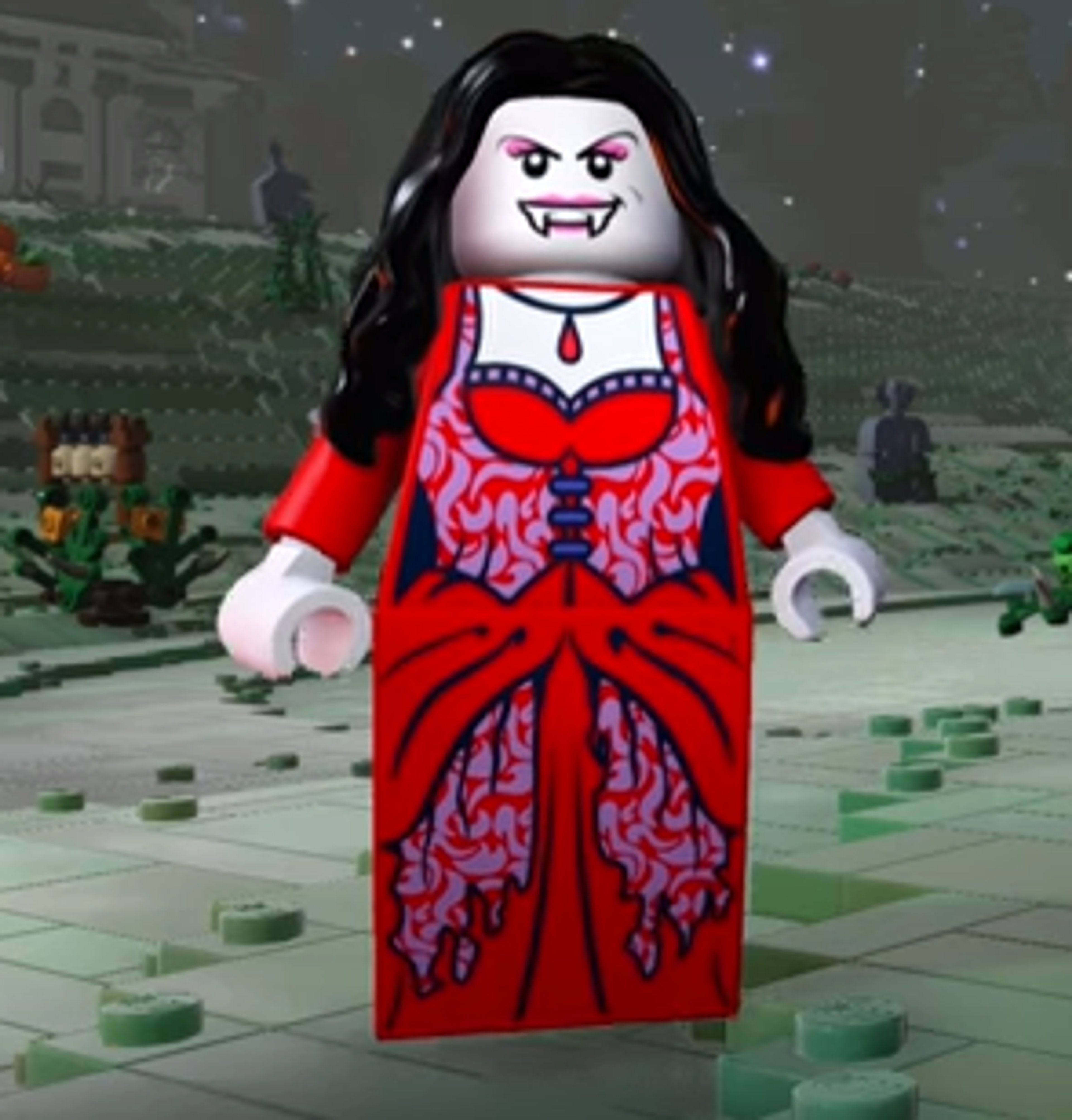 A detailed LEGO figure of a female vampire character with pale skin, dark makeup, fanged teeth, and a long, flowing red dress.