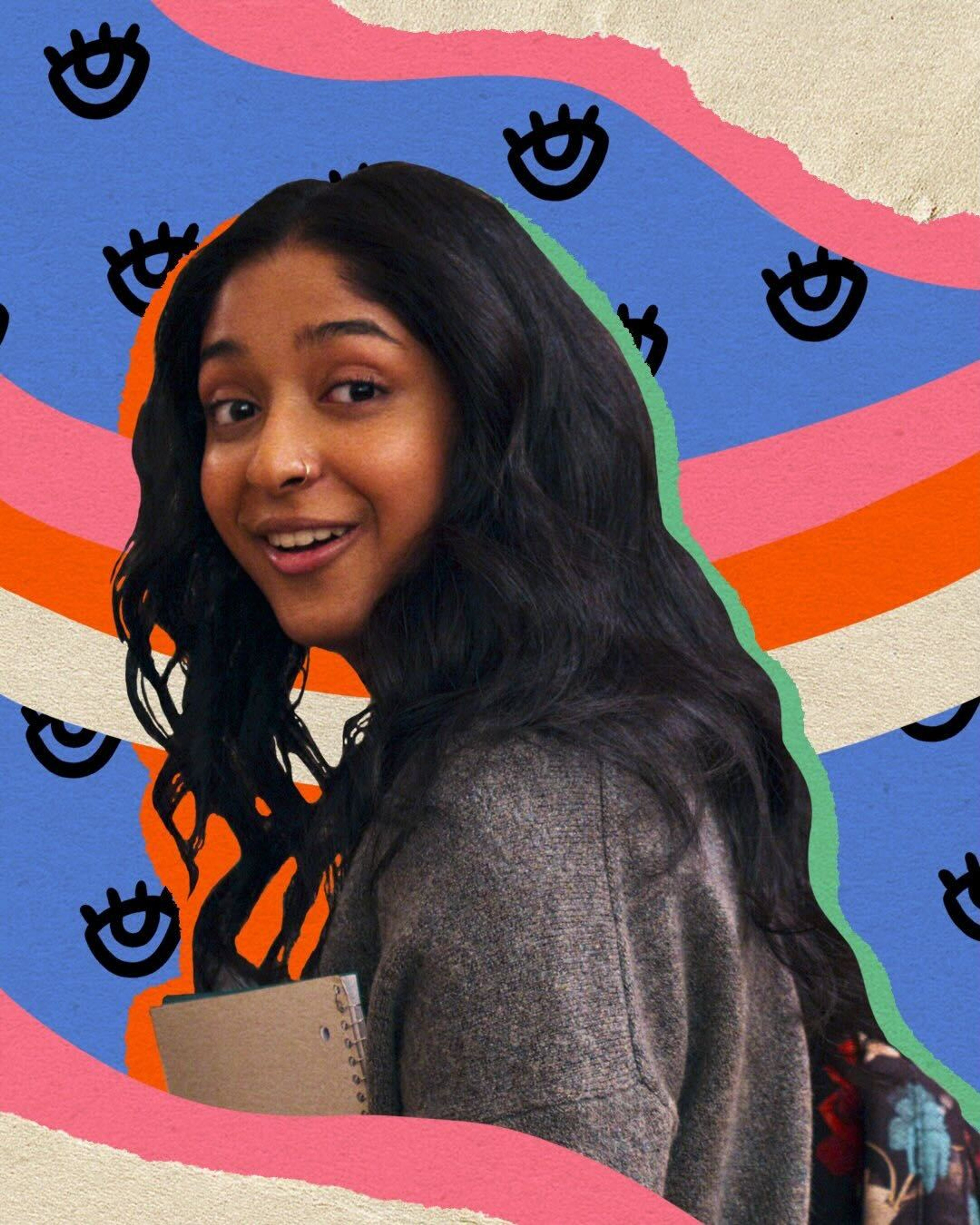 A smiling young woman with long dark hair against a colorful abstract background