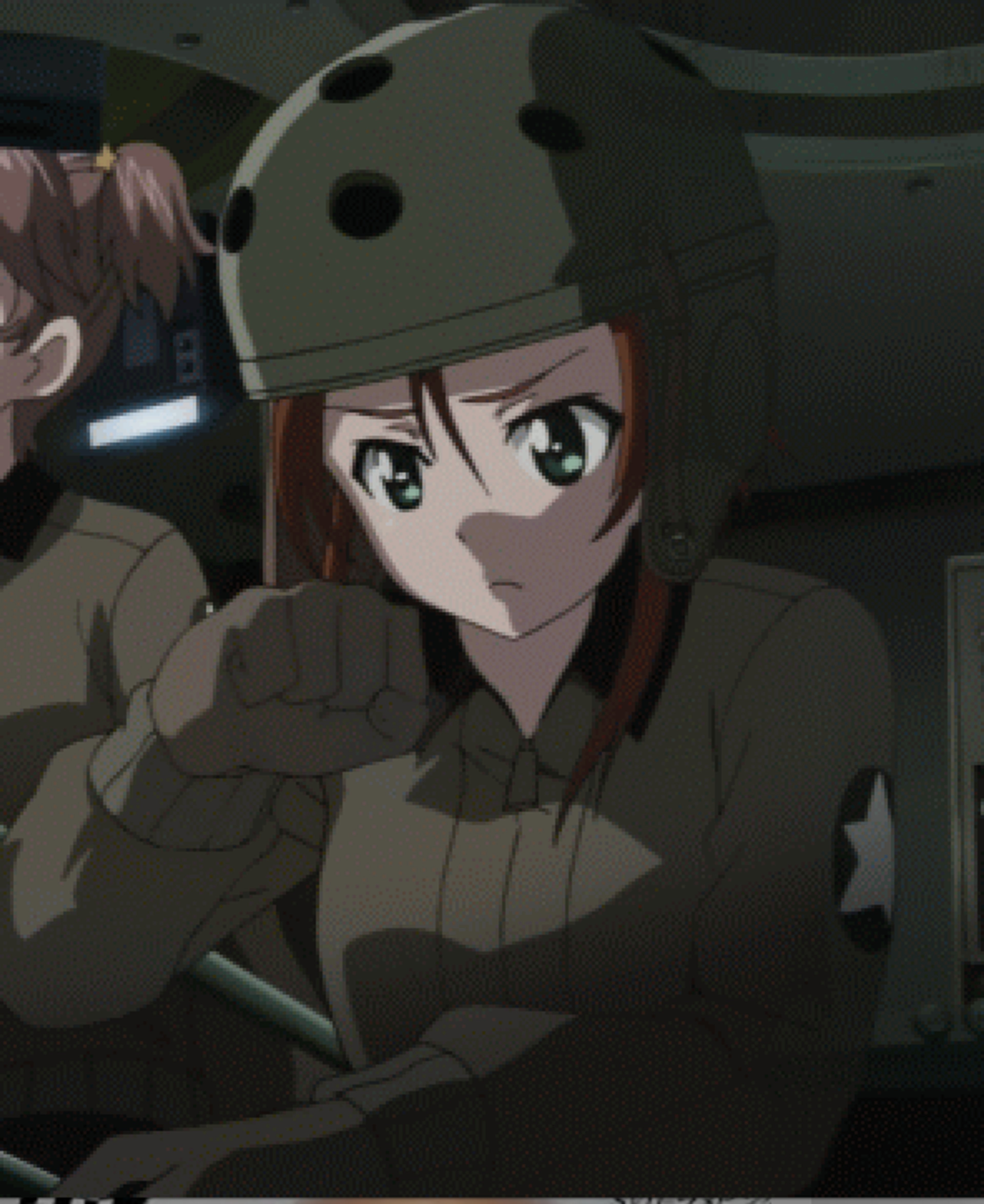 A young woman wearing a military-style helmet with a distinctive design