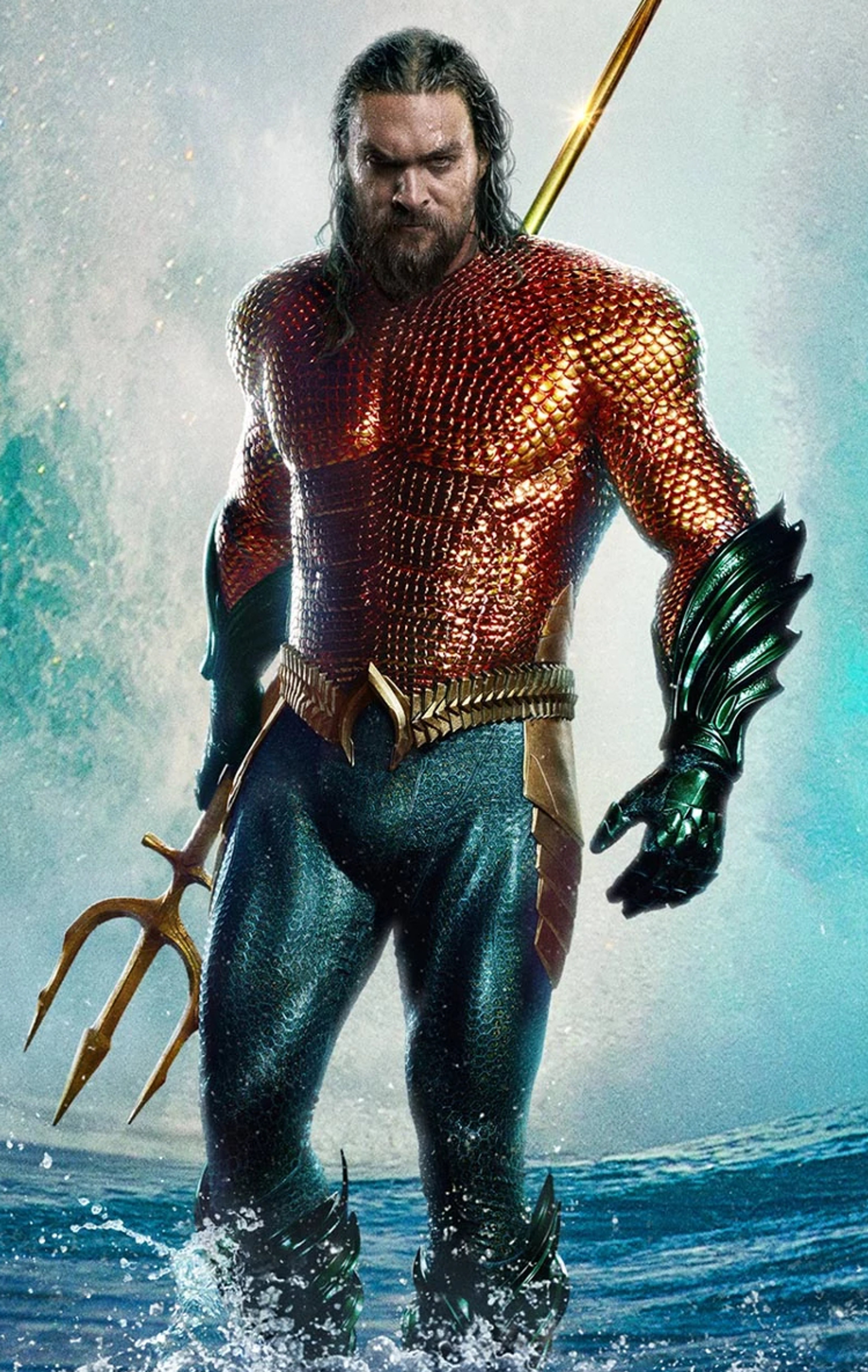 A powerful, heroic-looking man in an Aquaman-style costume standing in the ocean