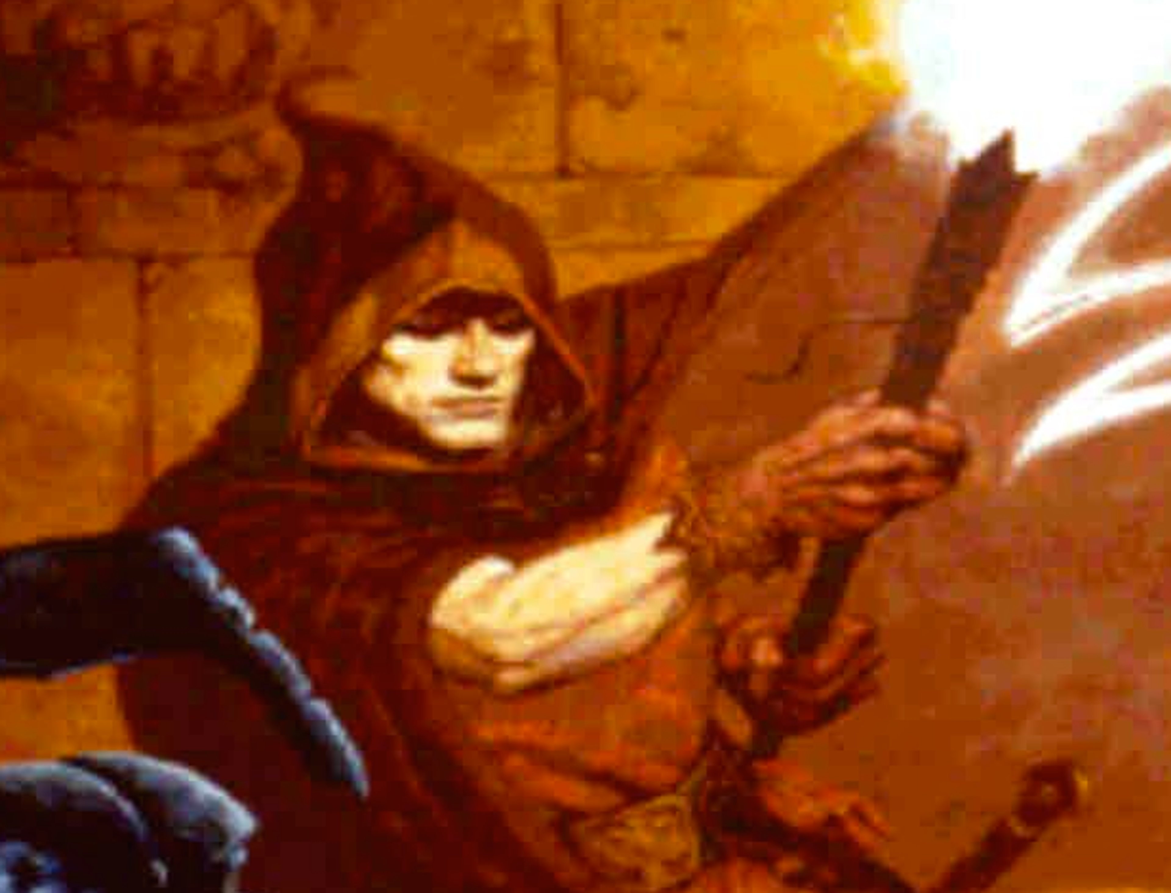 A hooded fantasy warrior wielding a magical staff