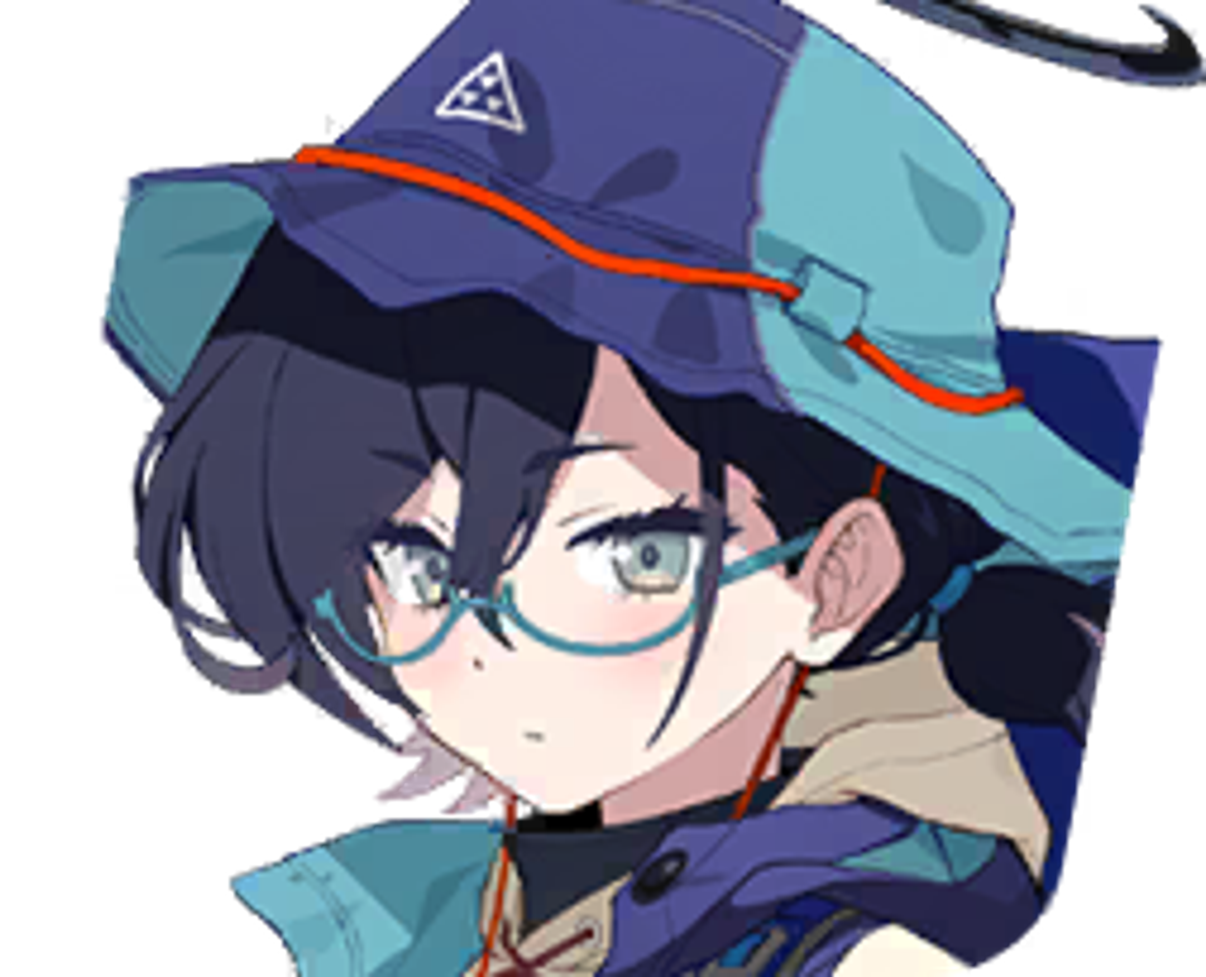 An anime-style character with short dark hair and glasses, wearing a dark uniform with a red armband.