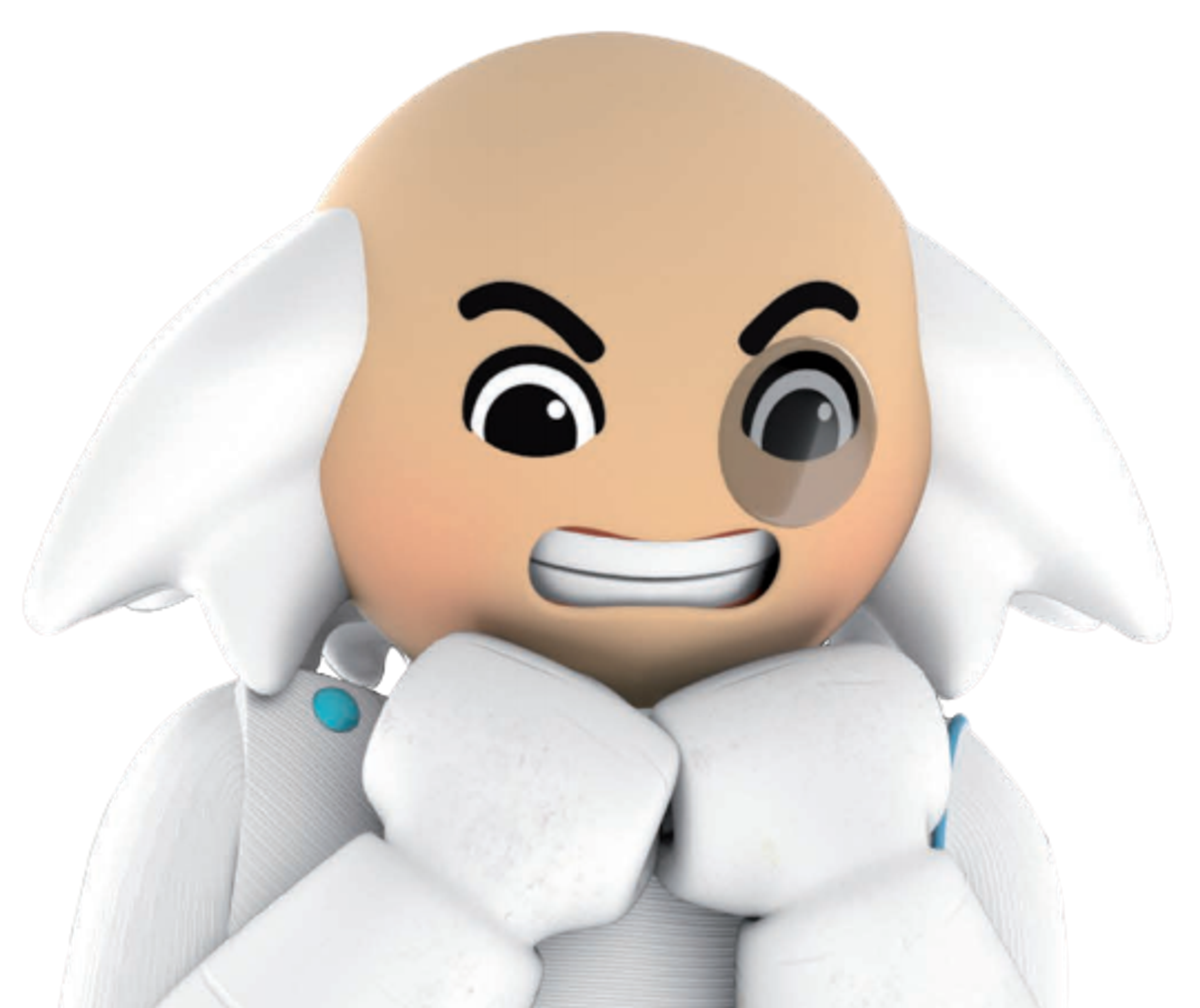 A cartoon character in a white lab coat with a monocle and arrogant expression