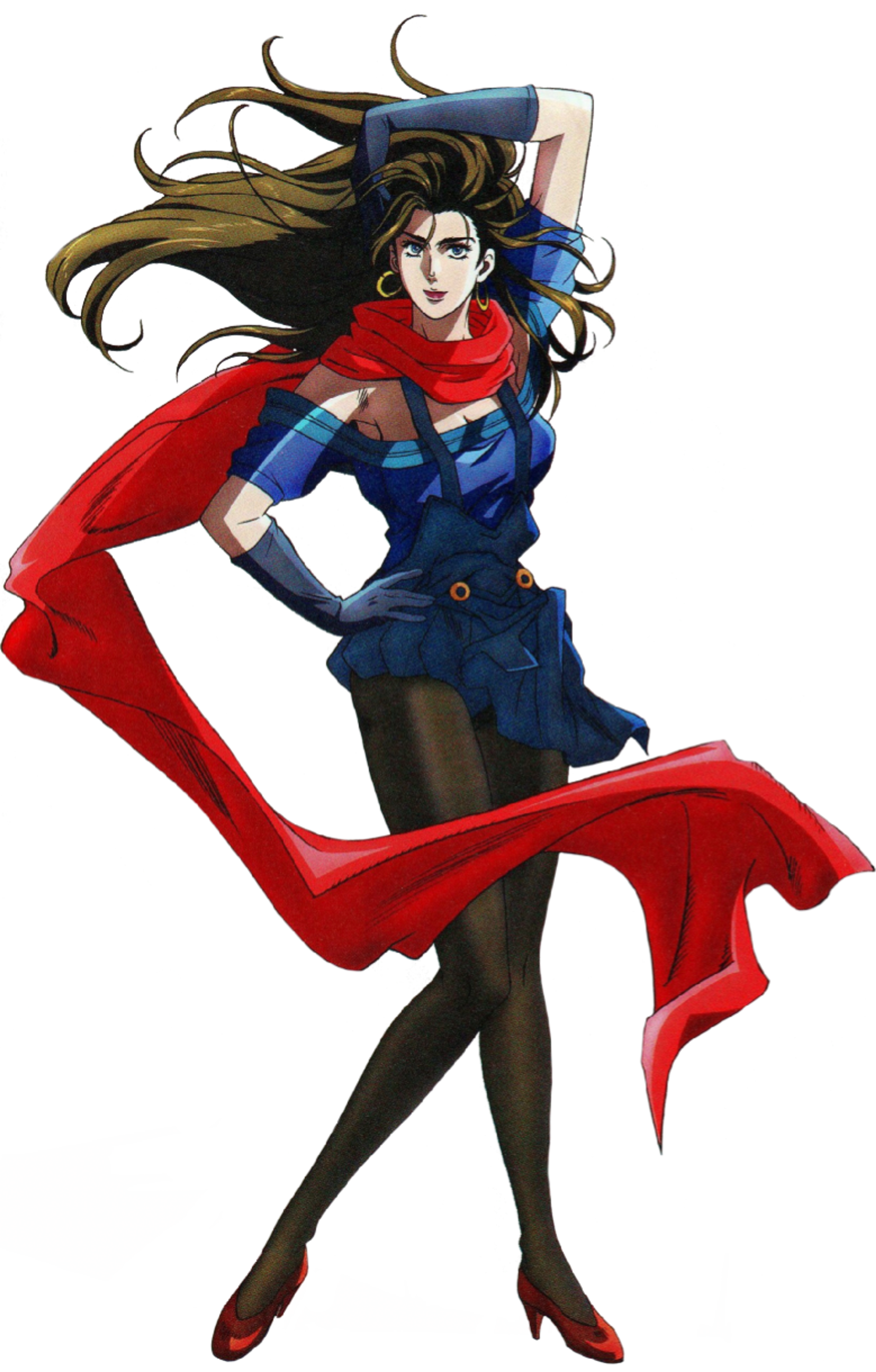 A woman in a red scarf and blue and white outfit striking a heroic pose