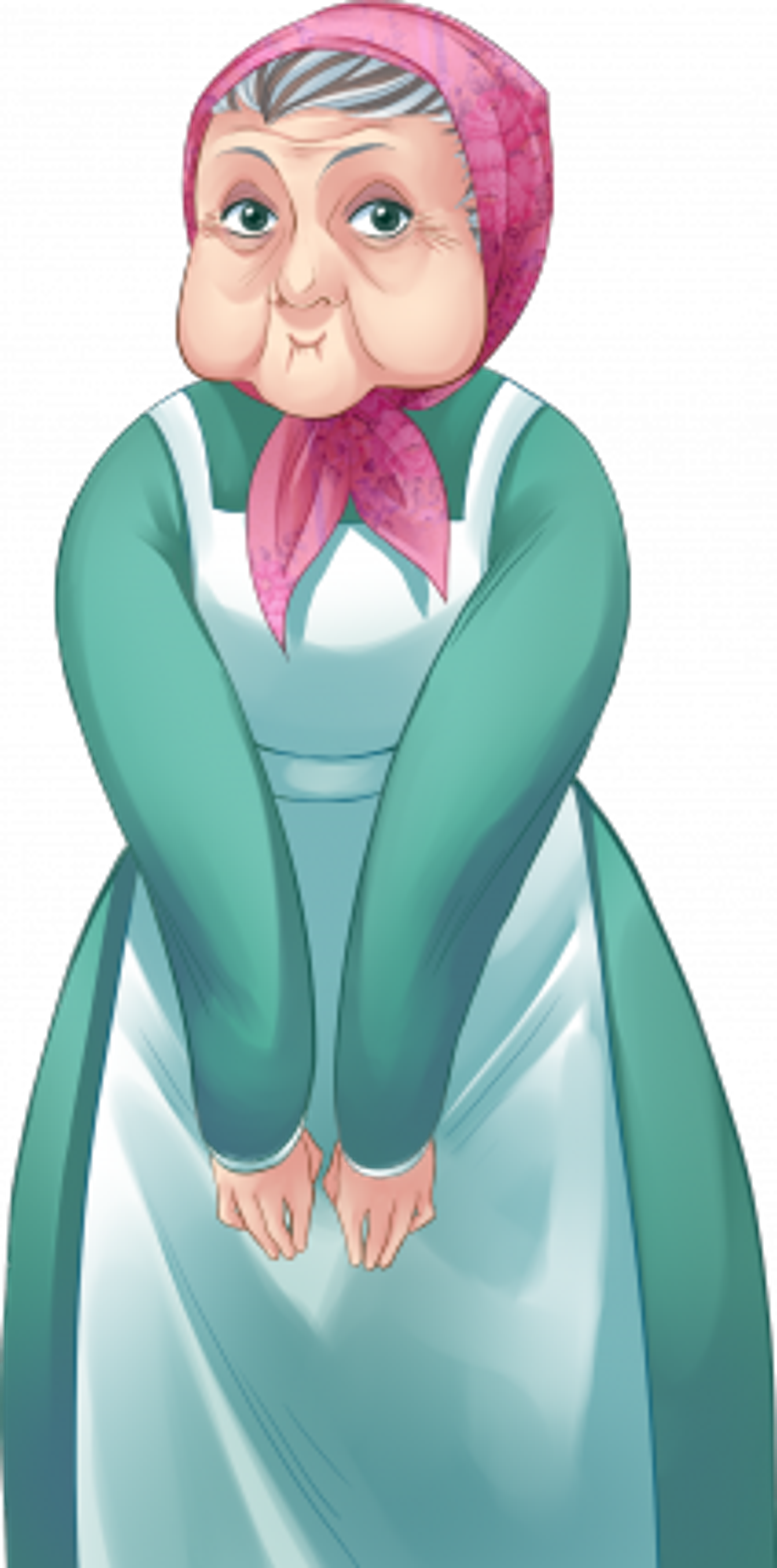 An elderly woman in a green dress and pink shawl, with a warm, accepting expression