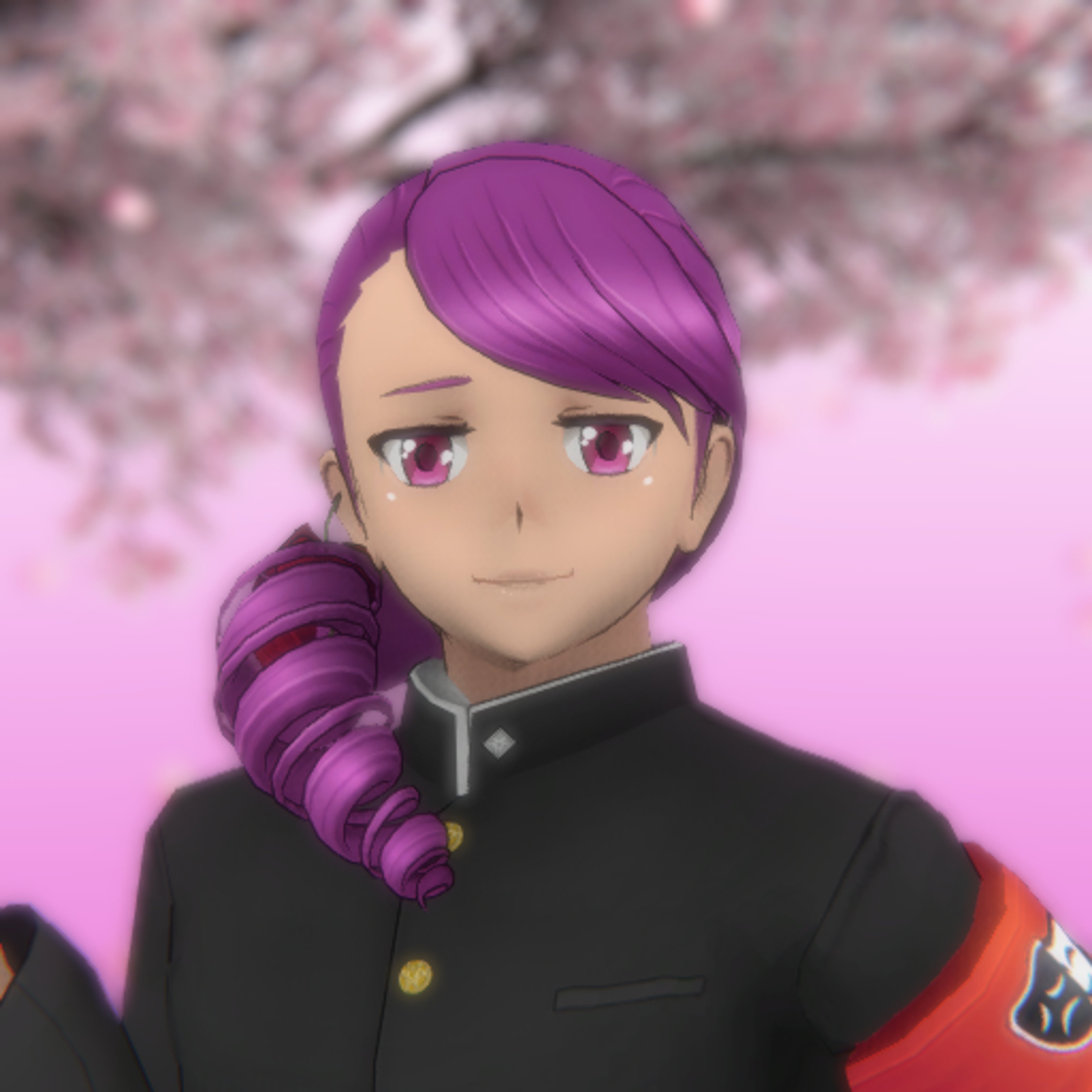 A character with purple hair in a spiral ponytail, wearing a red armband with drama masks