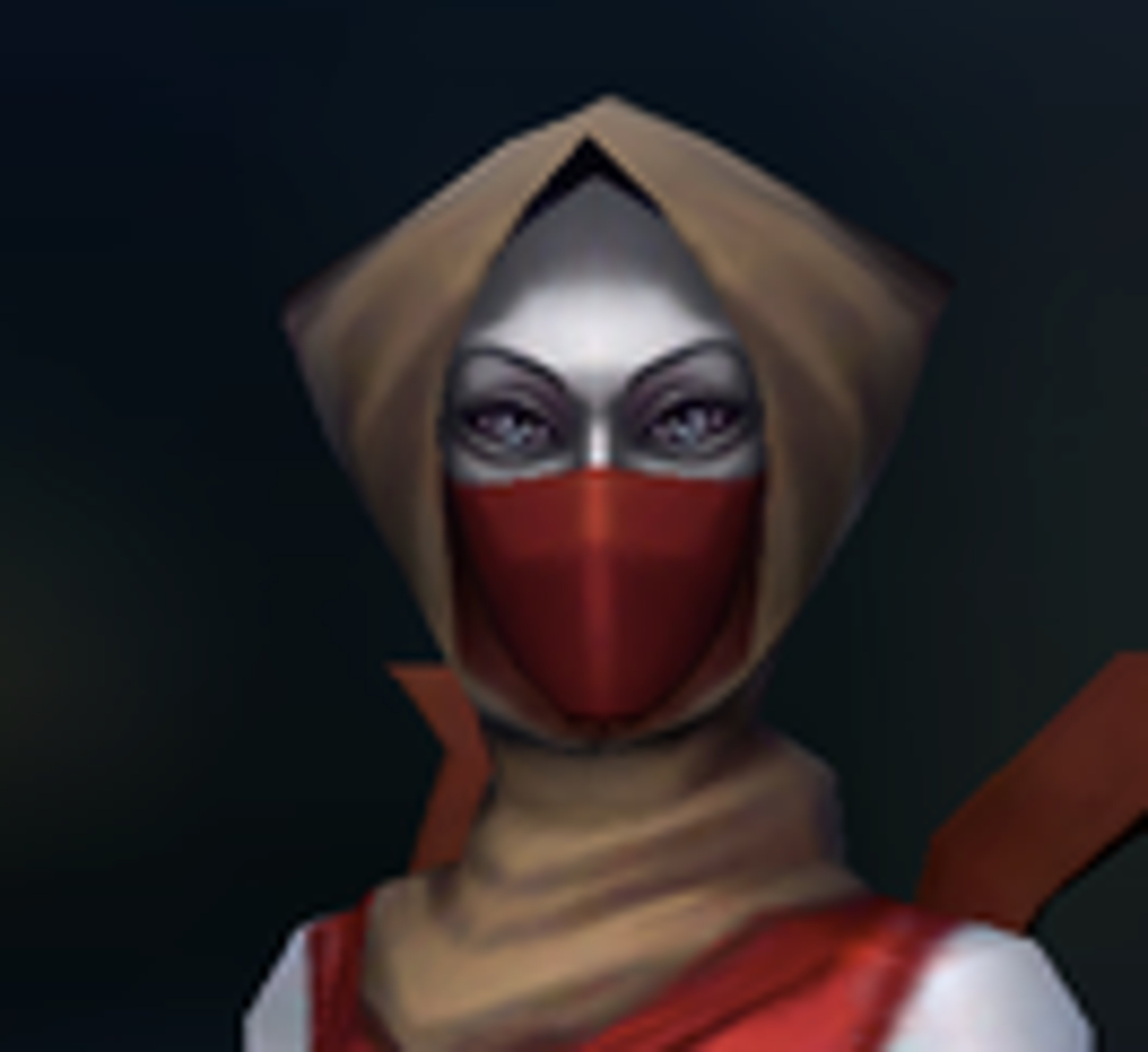 A young Nightsister initiate with ashen-white skin and intricate facial tattoos, wearing a red mask and carrying herself with confidence.