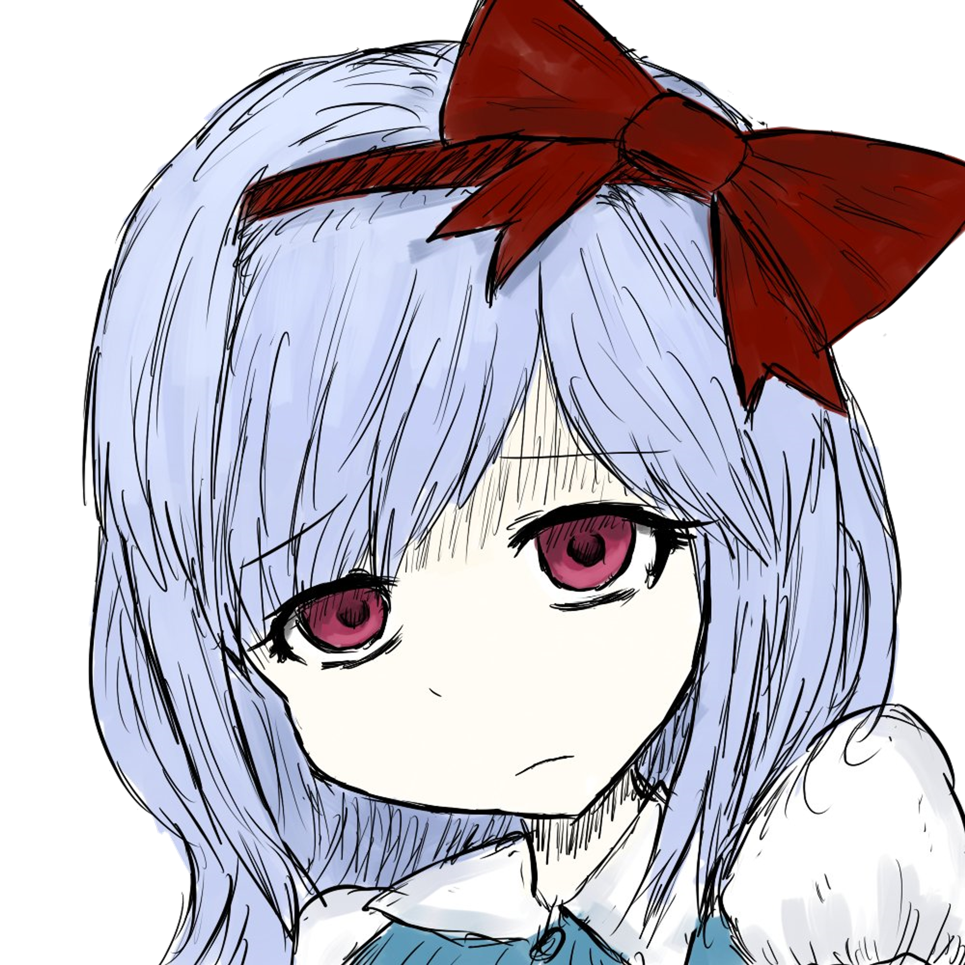 A young woman with pale skin, light blue hair, and red eyes wearing a light blue dress with a red bow.