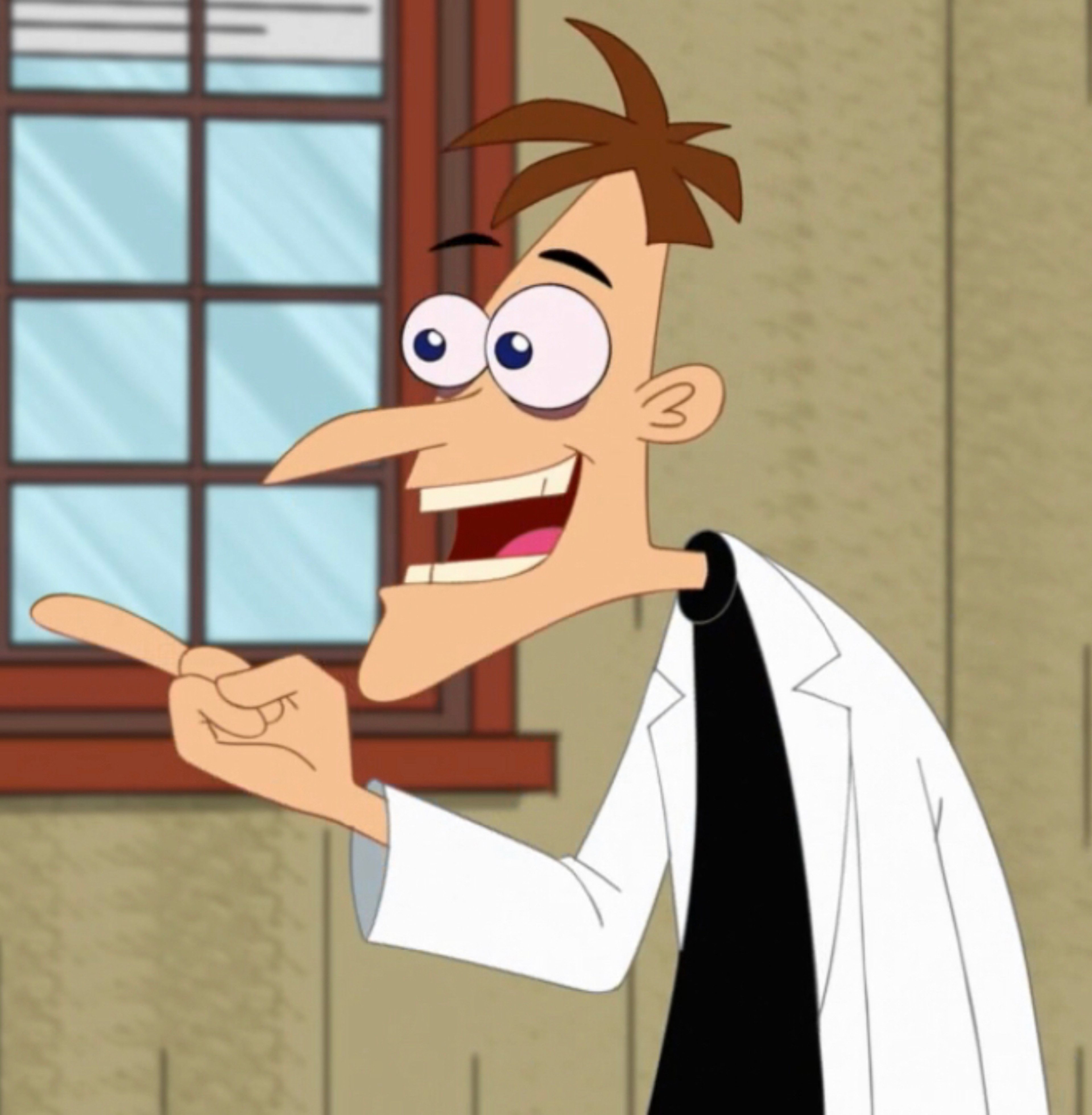 An animated character with a large nose, wild hair, and a lab coat, gesturing dramatically.