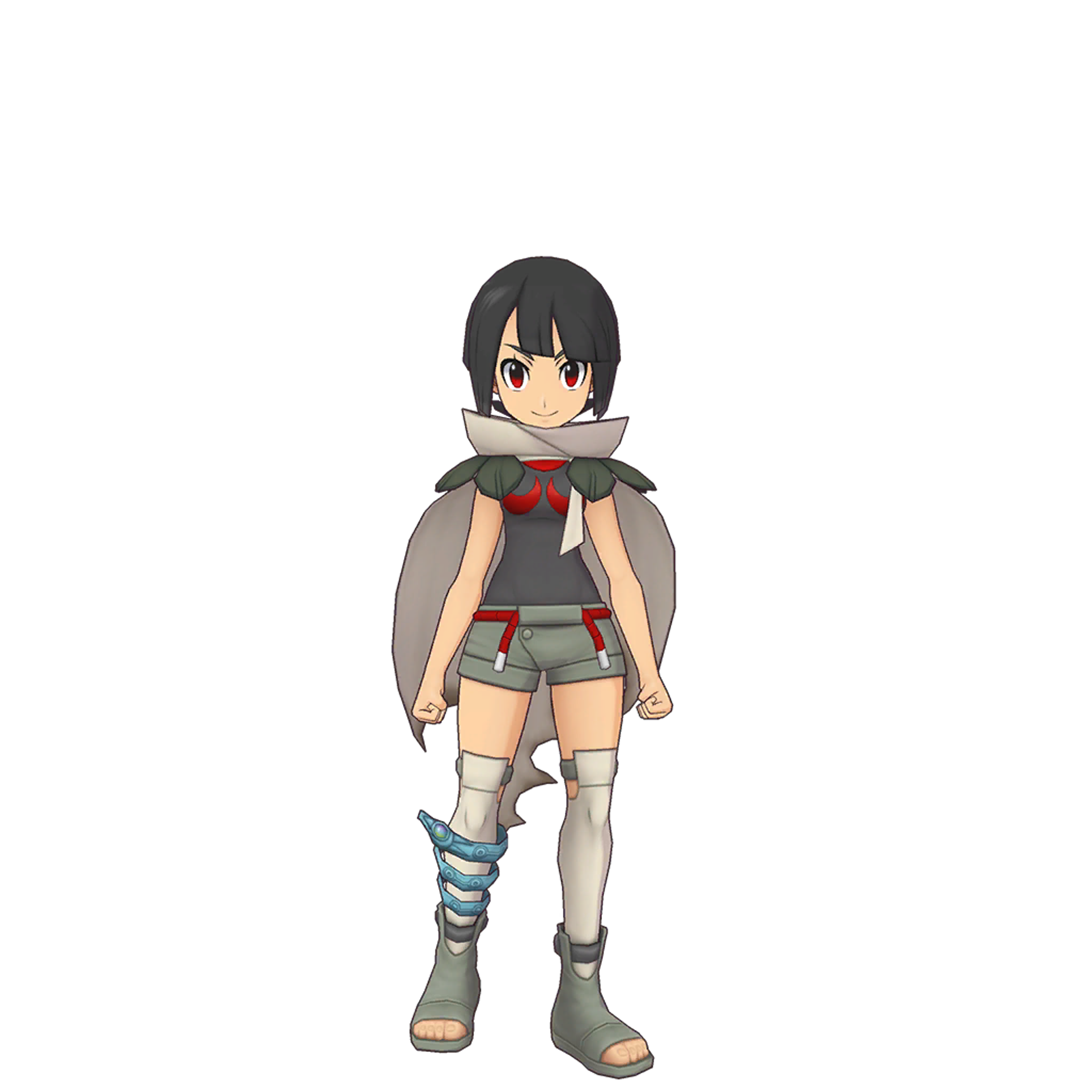 An anime-style character with short black hair, wearing a red scarf, a sleeveless top, and shorts.
