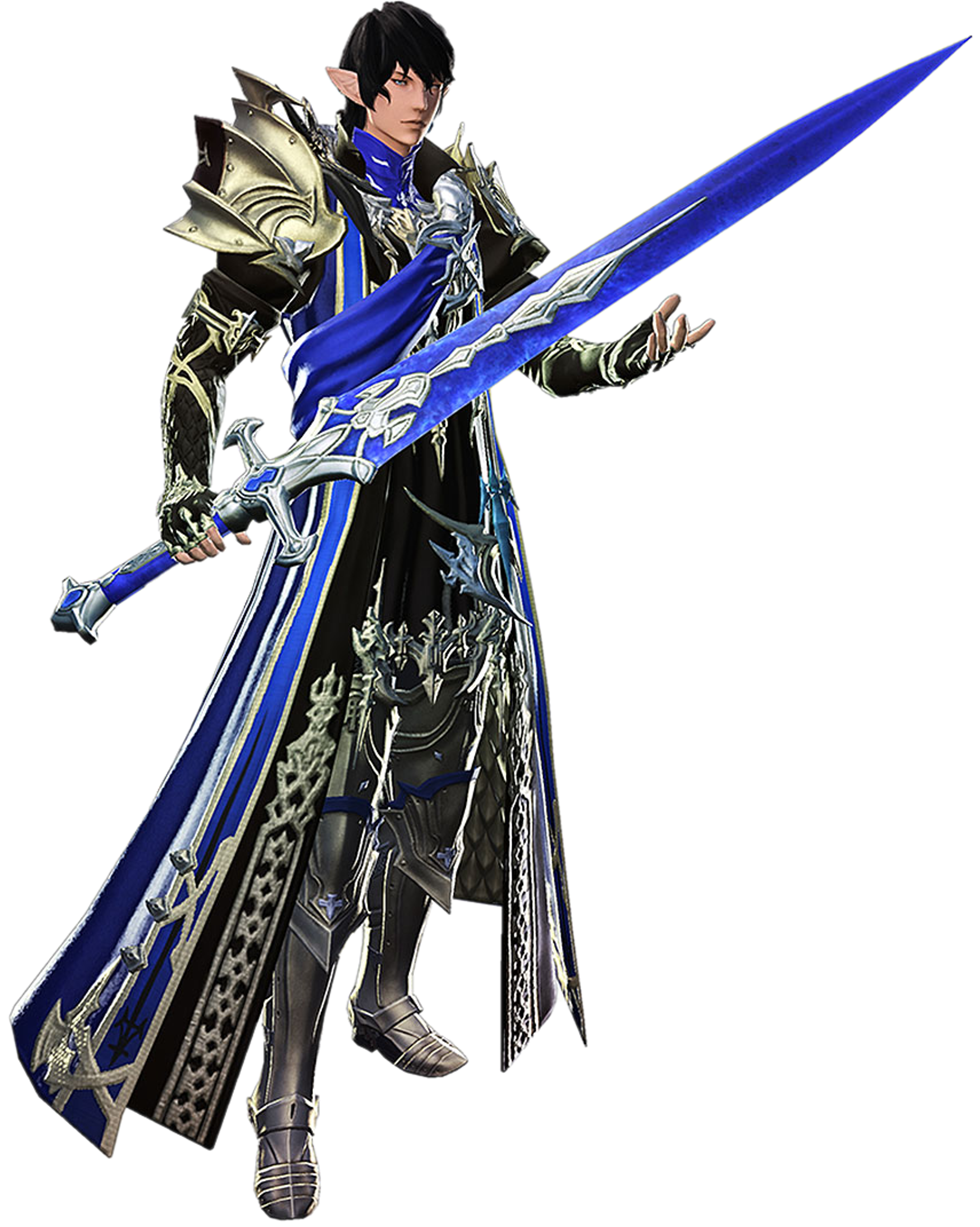 A male character in ornate silver and blue armor holding a glowing blue sword