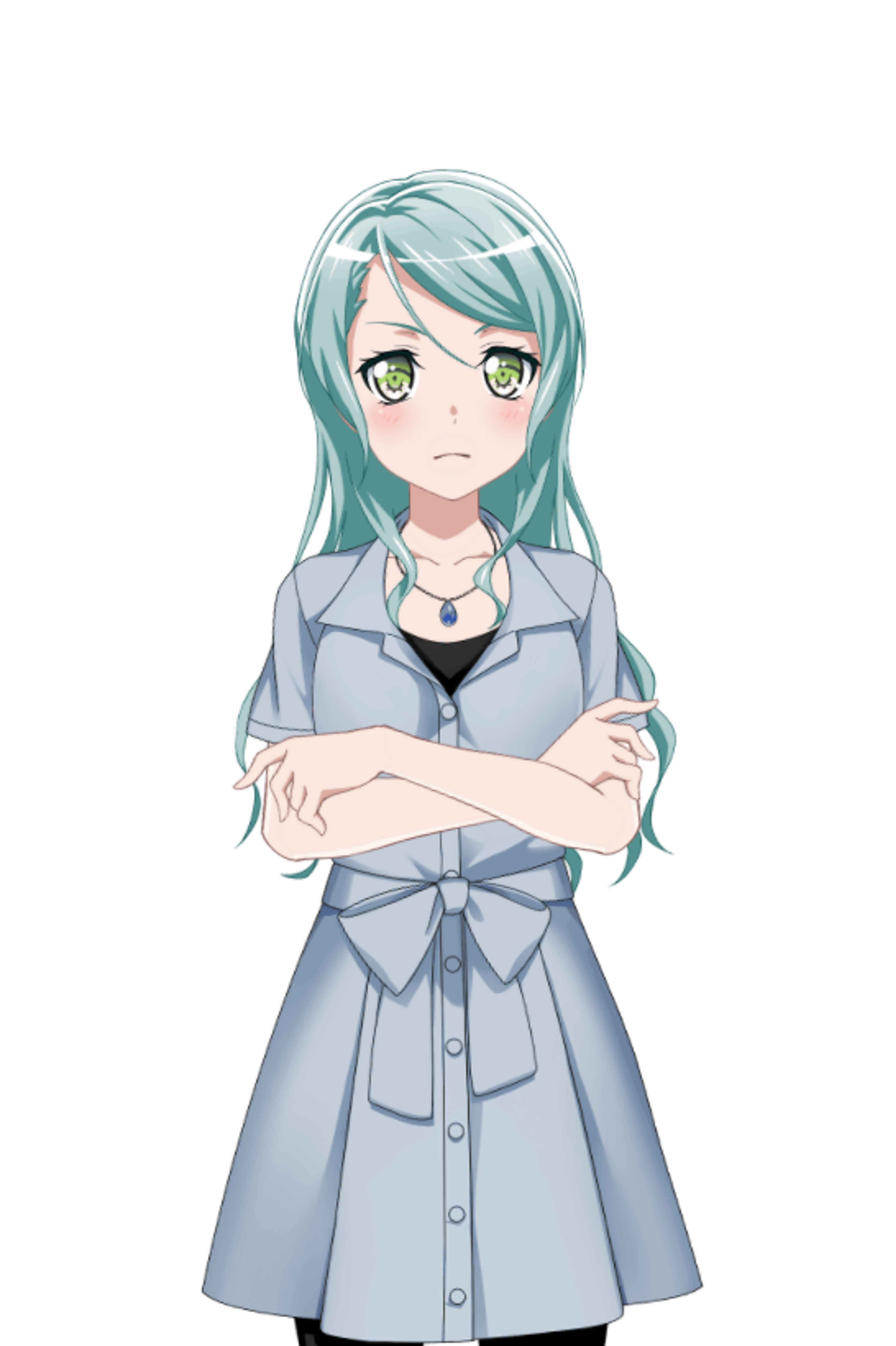 An anime-style character with teal hair and a serious expression
