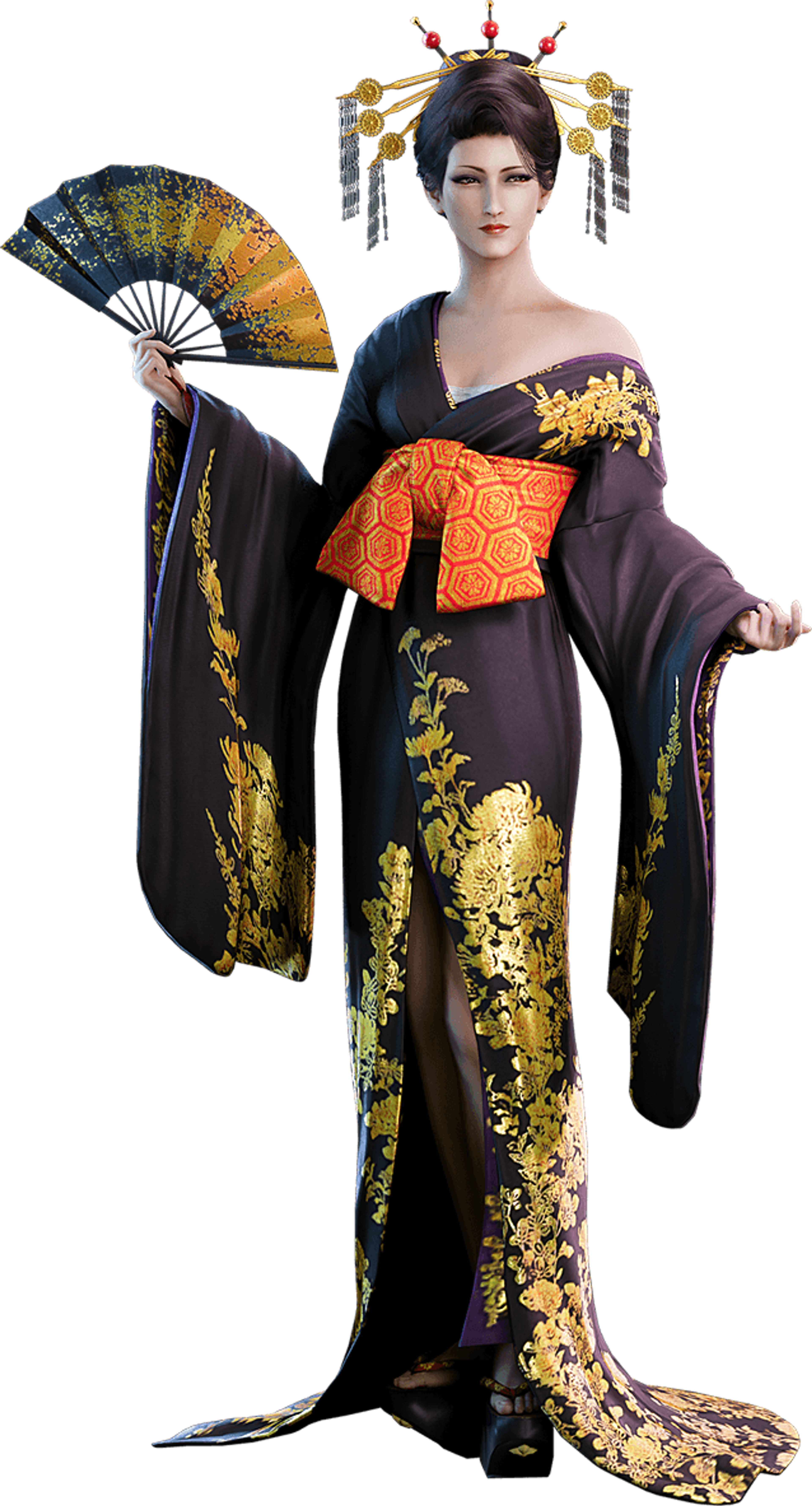 A woman in a black and gold kimono with an elaborate hairstyle and fan