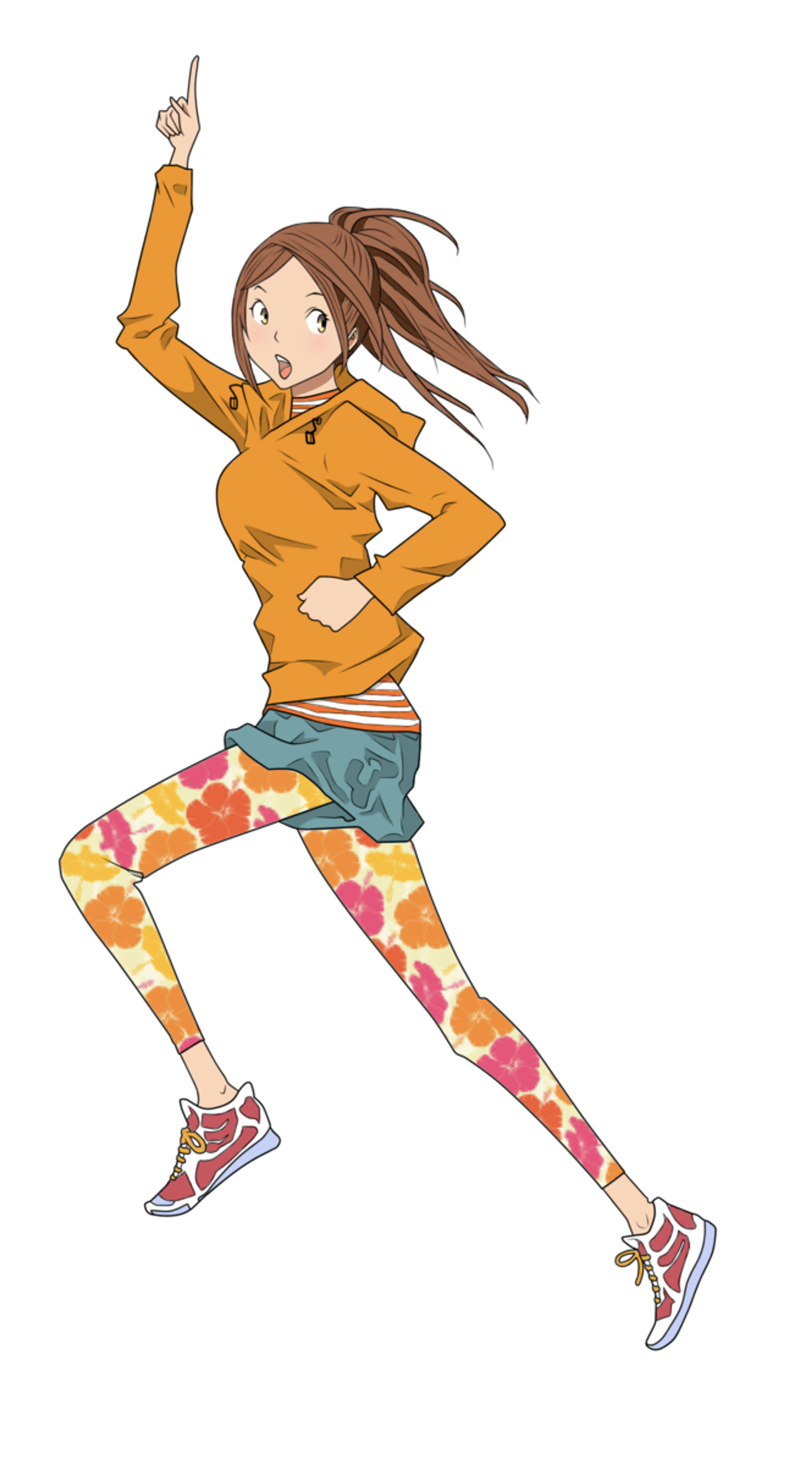 A young woman with long brown hair wearing a yellow top and patterned leggings, striking an energetic pose.